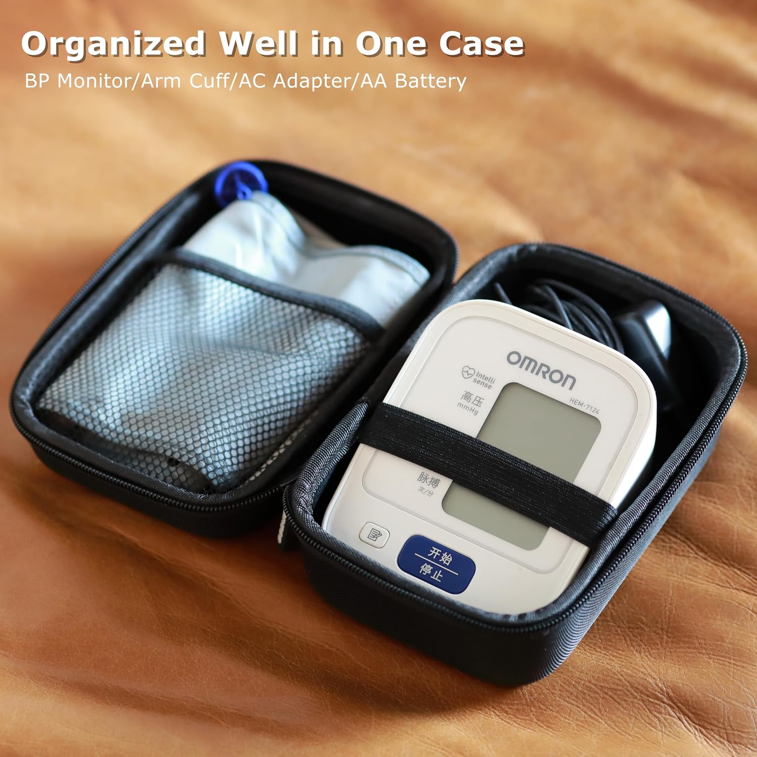 Ginsco Compact Hard Shell Case for Blood Pressure Monitor, Compatible with Omron Bronze/iHealth/Oklar, Portable Carrying Travel Case with Handle, Mesh Pocket for Cuff/Batteries/Charger (Black, M) - Image 2