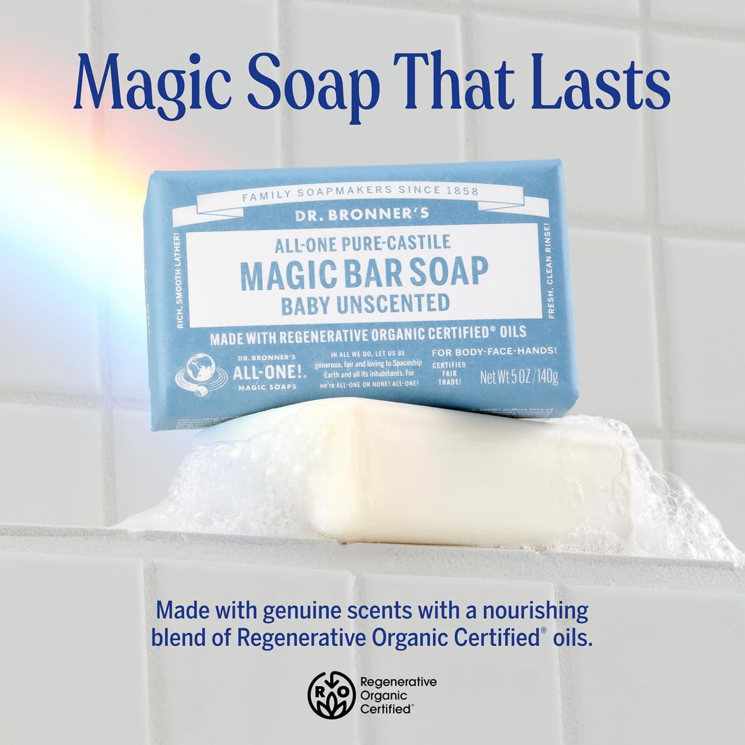 Dr. Bronner's - Pure-Castile Bar Soap (Baby Unscented, 5 ounce, 2-pack) - Made with Organic Oils, For Face, Body, Hair, Gentle for Sensitive Skin, Babies, No Added Fragrance, Biodegradable, Vegan - Image 2
