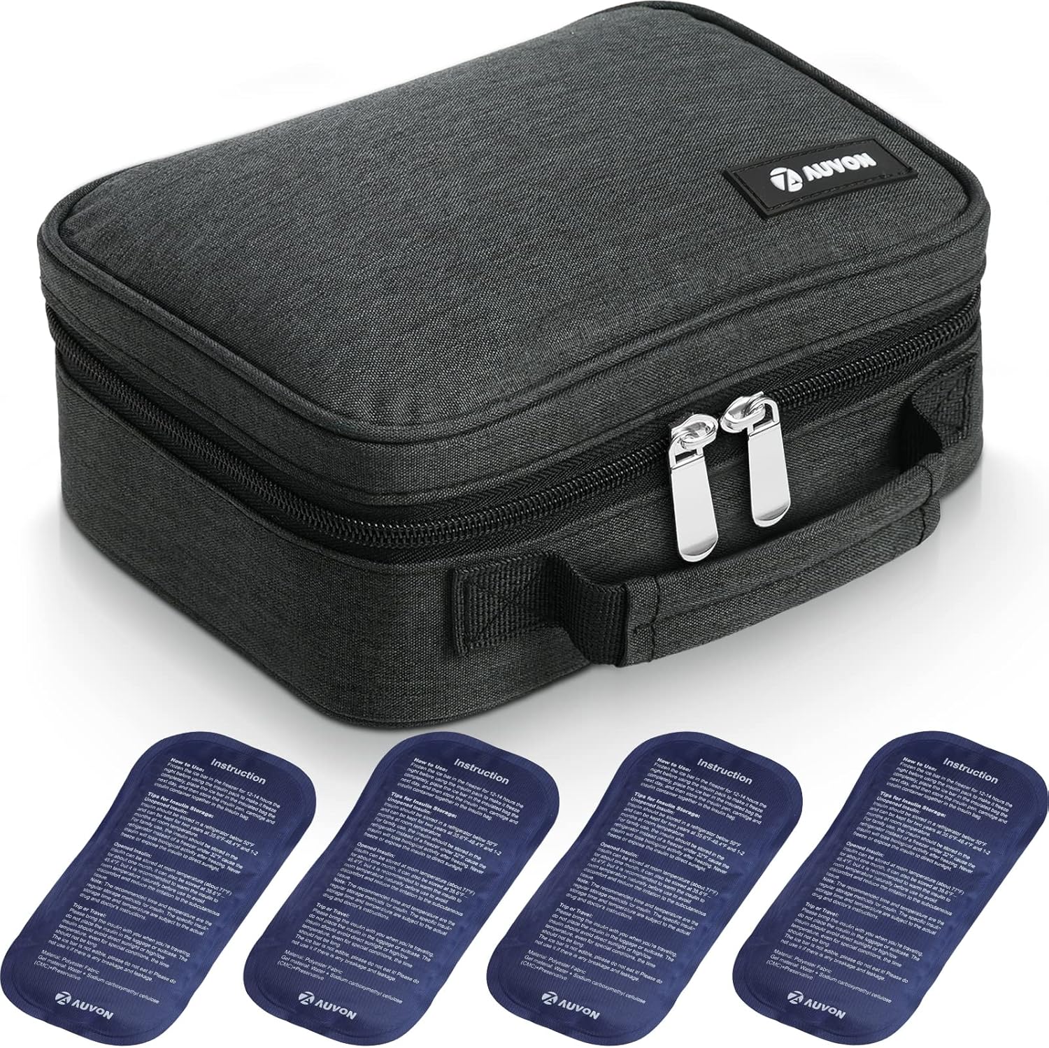 AUVON Large Insulin Cooler Travel Case, 4×160g TSA-Approved Ice Packs | Medication Cooler for Travel Holds 8 Insulin Pens & Diabetic Supplies, Portable Handle for Daily Life and Trips