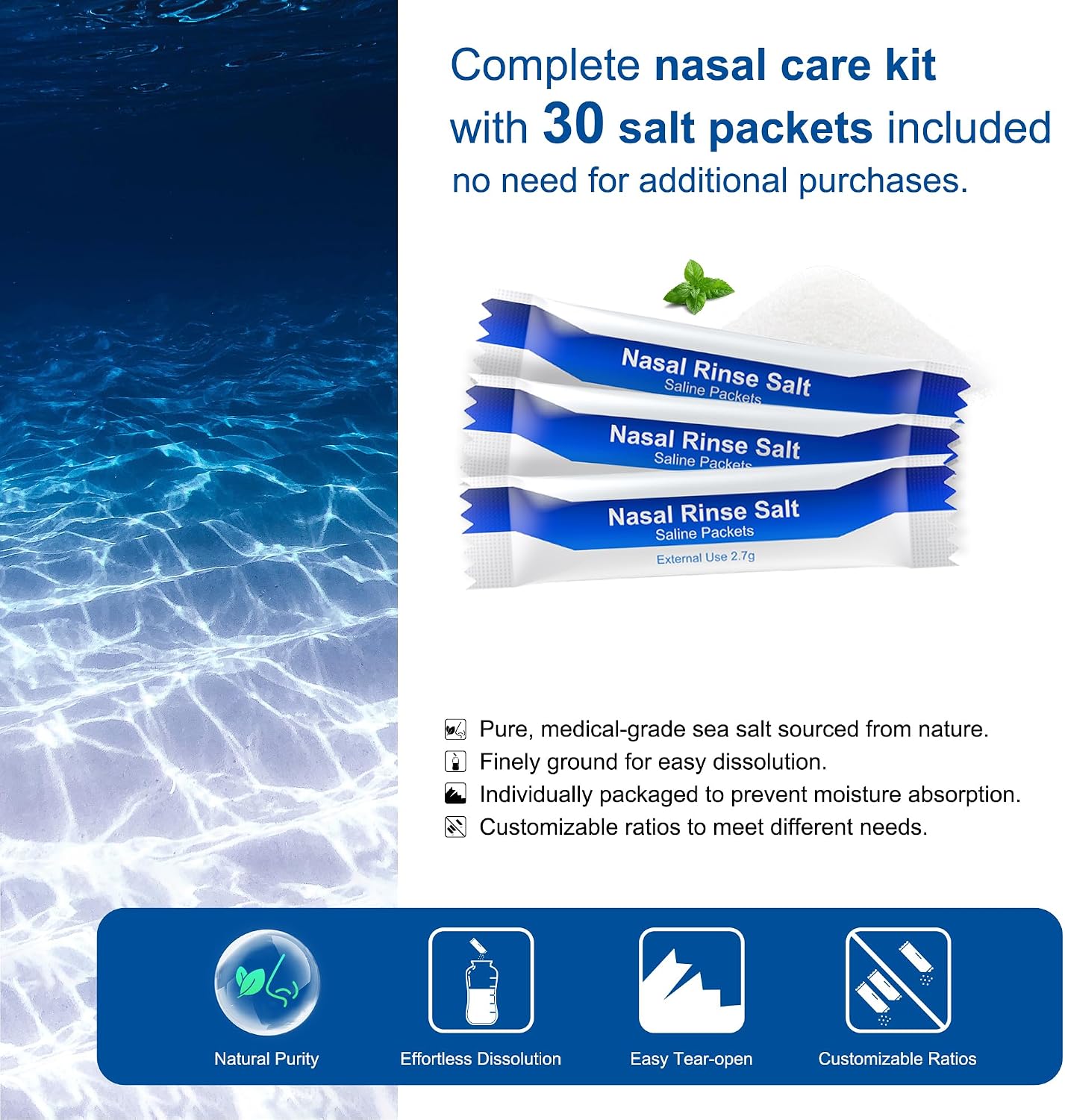 MAOEVER Neti Pot Sinus Rinse Bottle Nose Wash Cleaner Pressure Rinse Nasal Irrigation for Adult & Kid BPA Free 300 ML with 30 Nasal Wash Salt Packets and Sticker Thermometer(Blue) - Image 4