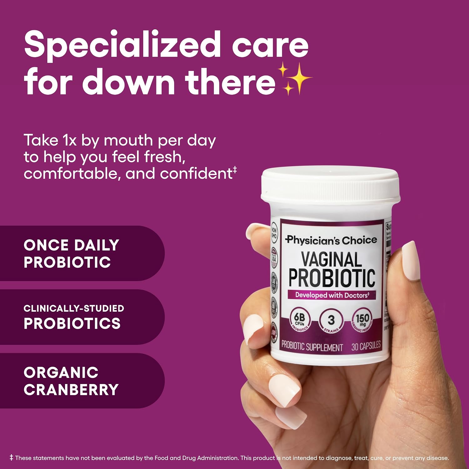 Physician's CHOICE Vaginal Probiotics for Women, pH Balance & Odor, 30ct | Supports Odor Control, Vaginal Flora, Yeast Balance & Feminine Health, 6B CFU, Organic Prebiotics, Cranberry Extract - Image 2