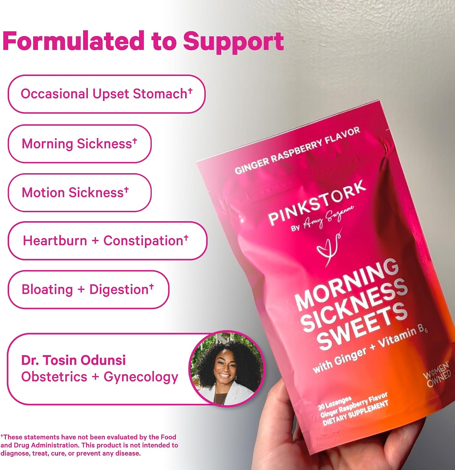 Pink Stork Morning Sickness Sweets Organic Raspberry Ginger, 30 Count | USDA Organic Ginger + Vitamin B6, Motion Sickness Support, Digestive Comfort + Heartburn Support, 30 Wrapped Drops - Image 3
