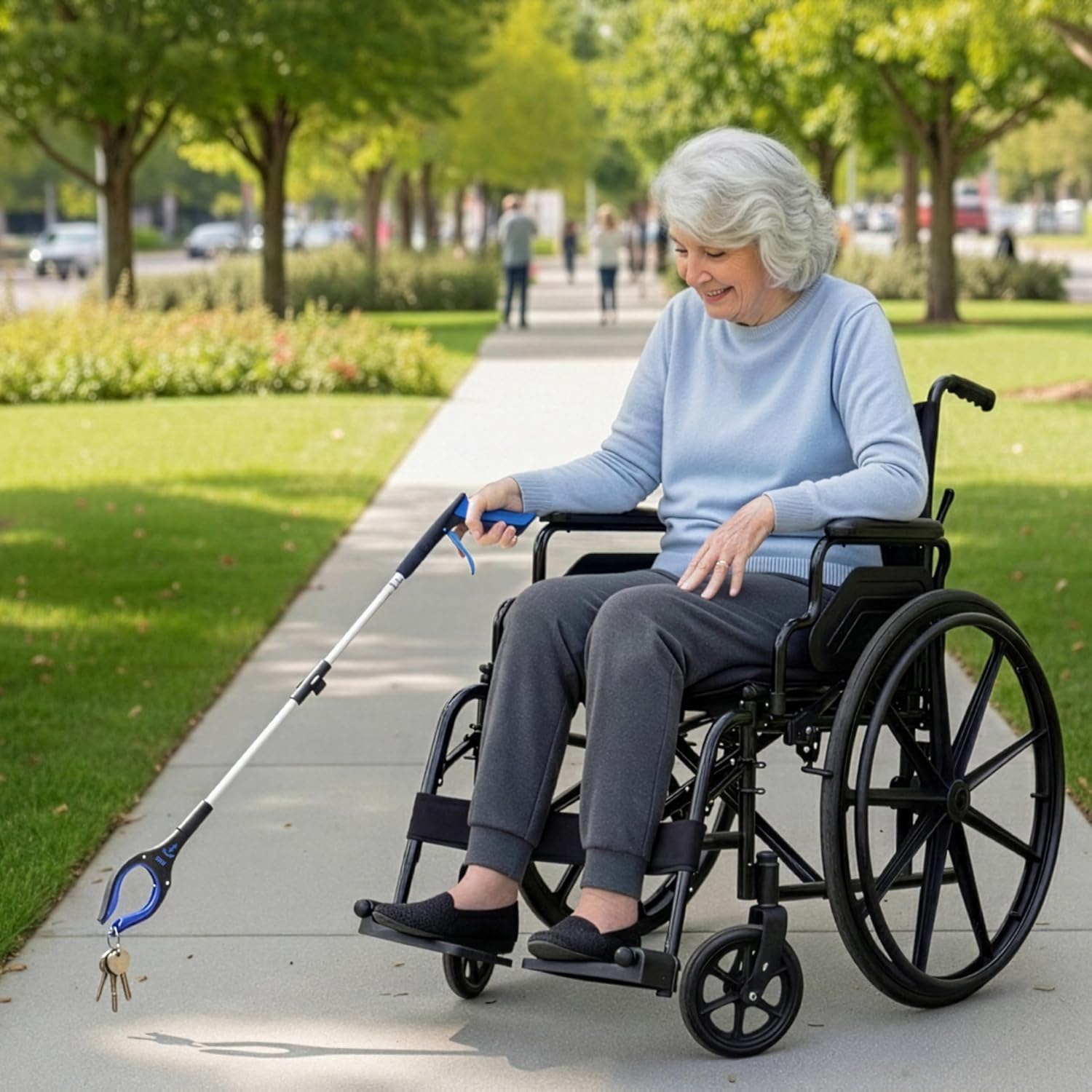 RMS 34 Inch Extra Long Reacher Grabber - Foldable with Rotating Jaw (Blue) | Mobility Aid Reaching Tool to retrieve household items from floors, shelves, vehicles and tight spaces - Image 3