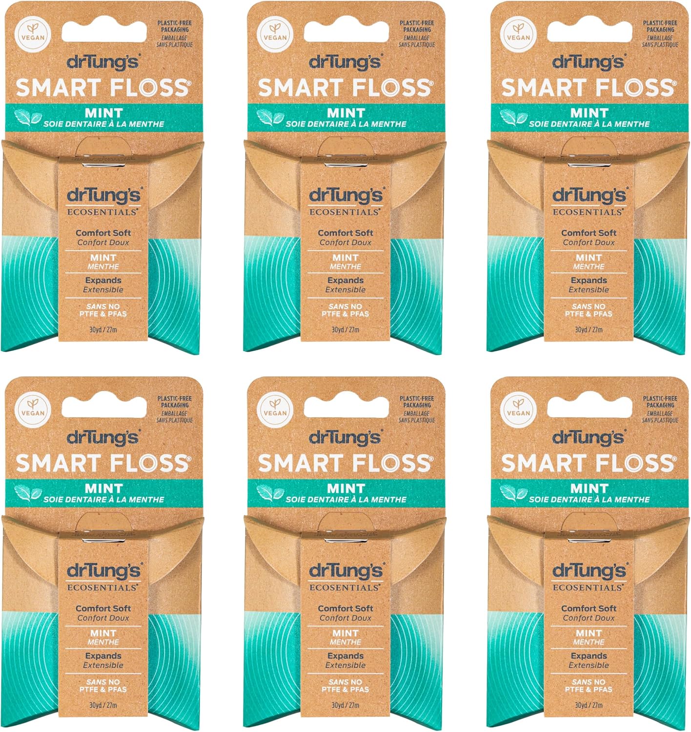 DrTung's Smart Floss, Mint Natural Expanding Dental Floss - Pack of 6 | Gentle on Tooth & Gums, Expands & Glides, PTFE & PFAS Free, Certified Organic Mint Essential Oils