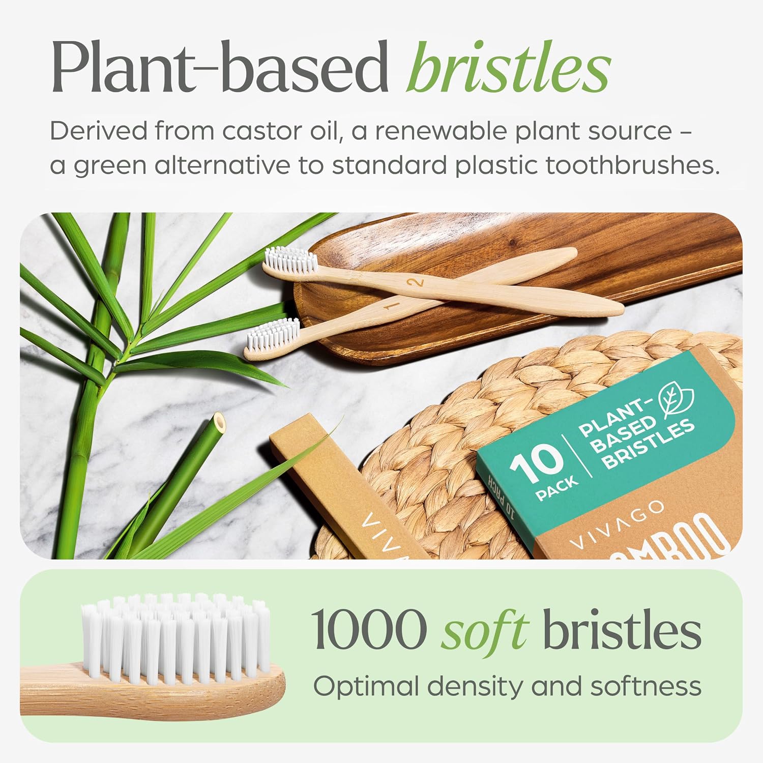 VIVAGO Bamboo Toothbrushes 10 Pack – Plant-Based Soft Bristles | Natural Toothbrush, Eco-Friendly, Wooden Toothbrush, BPA-Free - Image 2