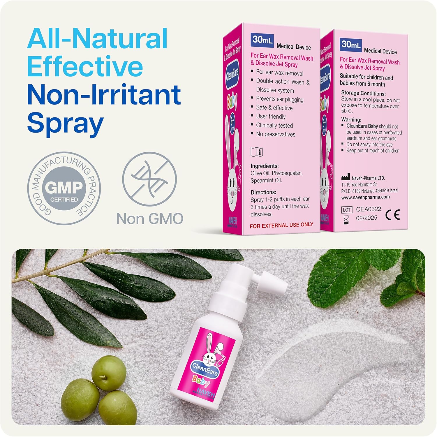 NAVEH PHARMA® CleanEars Baby Ear Wax Removal Spray — Gentle Earwax Softening for Infants & Children, Mild Non-Greasy Formula, Easy Spray Application (1 OZ) - Image 2