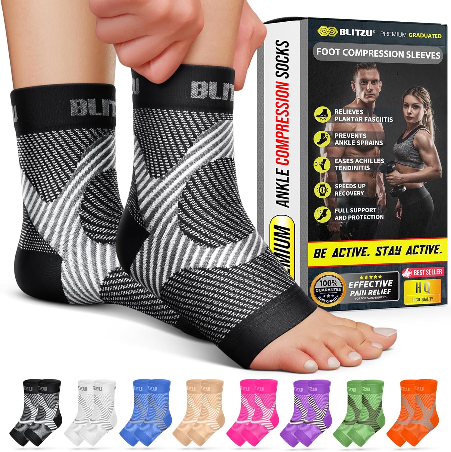 BLITZU Compression Socks for Plantar Fasciitis, Foot, Arch & Ankle Support | Open Toe Ankle Brace, Women & Men, Stabilizing Sleeve Wrap, Achilles Tendonitis, Neuropathy, Arthritis, Swelling & Heel Pain