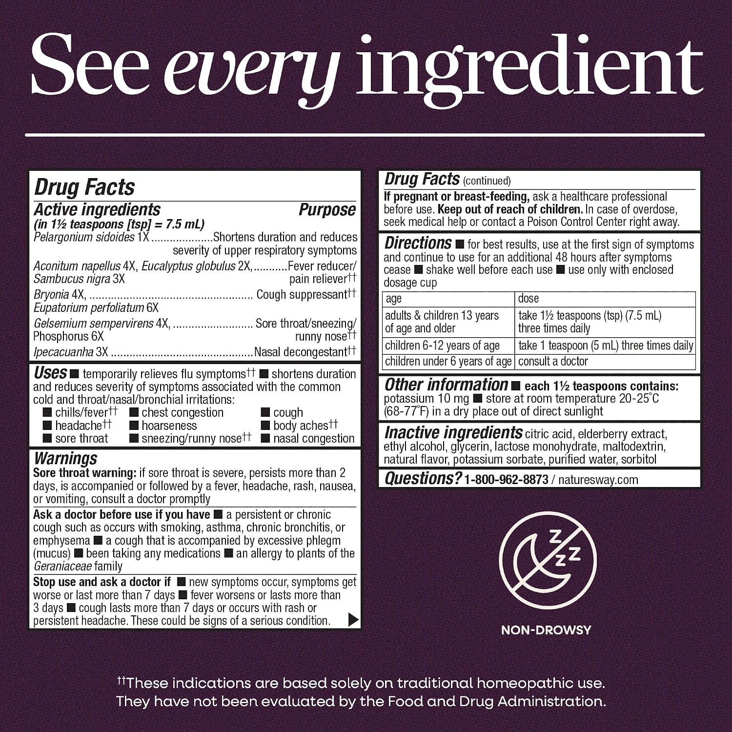 Nature's Way Sambucus Cold + Flu Relief Elderberry Syrup, Homeopathic, 4 oz | Multi-symptom Relief, Speeds Recovery from Fever(1), Body Aches(1), Chills(1), Cough, Congestion, Sore Throat, Berry Flavored - Image 6