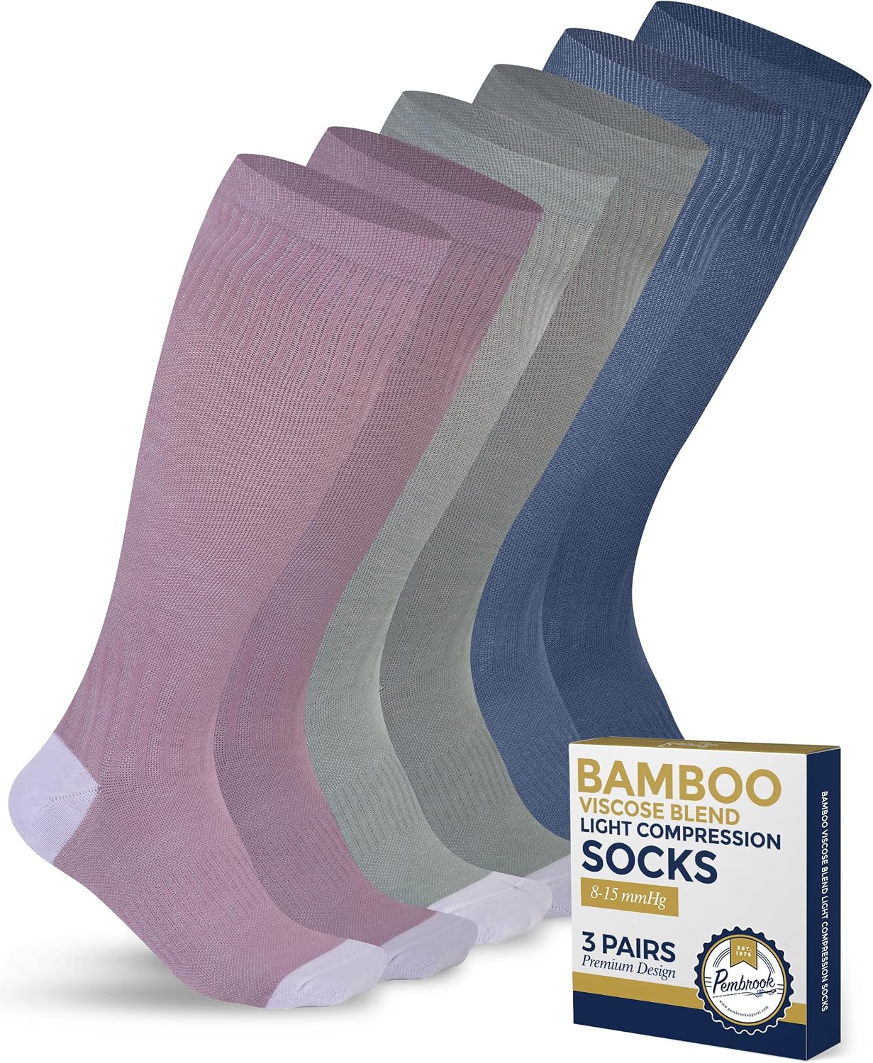 Pembrook® Bamboo Viscose Light Compression Socks - 3 Pairs | 8-15 mmhg Compression Socks | Knee High Comfort Support Socks