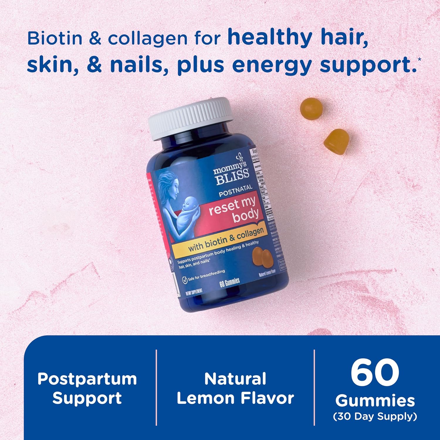 Mommy's Bliss Postnatal Support Reset My Body Gummies with Biotin & Collagen, Supports Postpartum Energy, Healing & Joint Health + Hair, Skin & Nails Health, Gluten Free, 60 Gummies (30 Servings) - Image 2