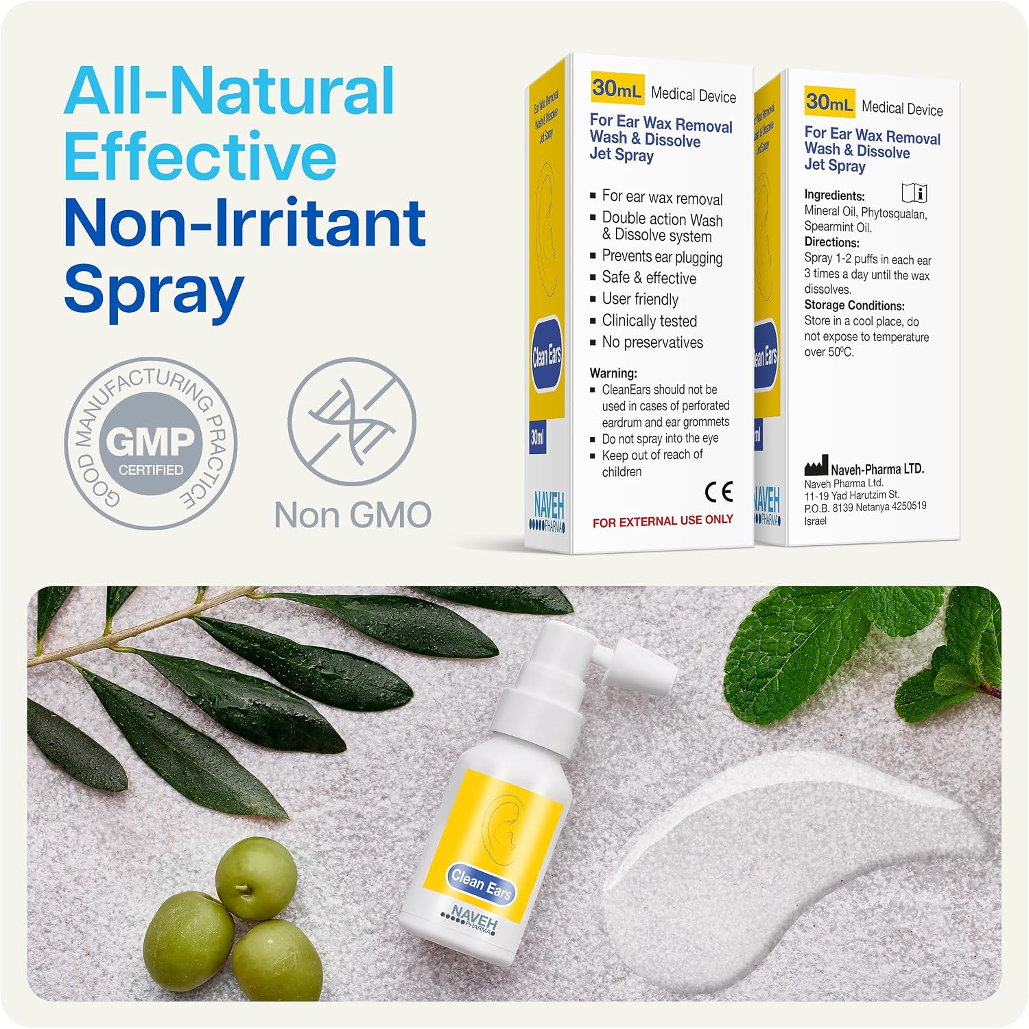 NAVEH PHARMA® CleanEars Ear Wax Removal Spray — Gentle Earwax Softening Spray for Adults, Easy-to-Use Alternative to Mineral Oil, Refreshing Spearmint Aroma, 1 fl oz - Image 2