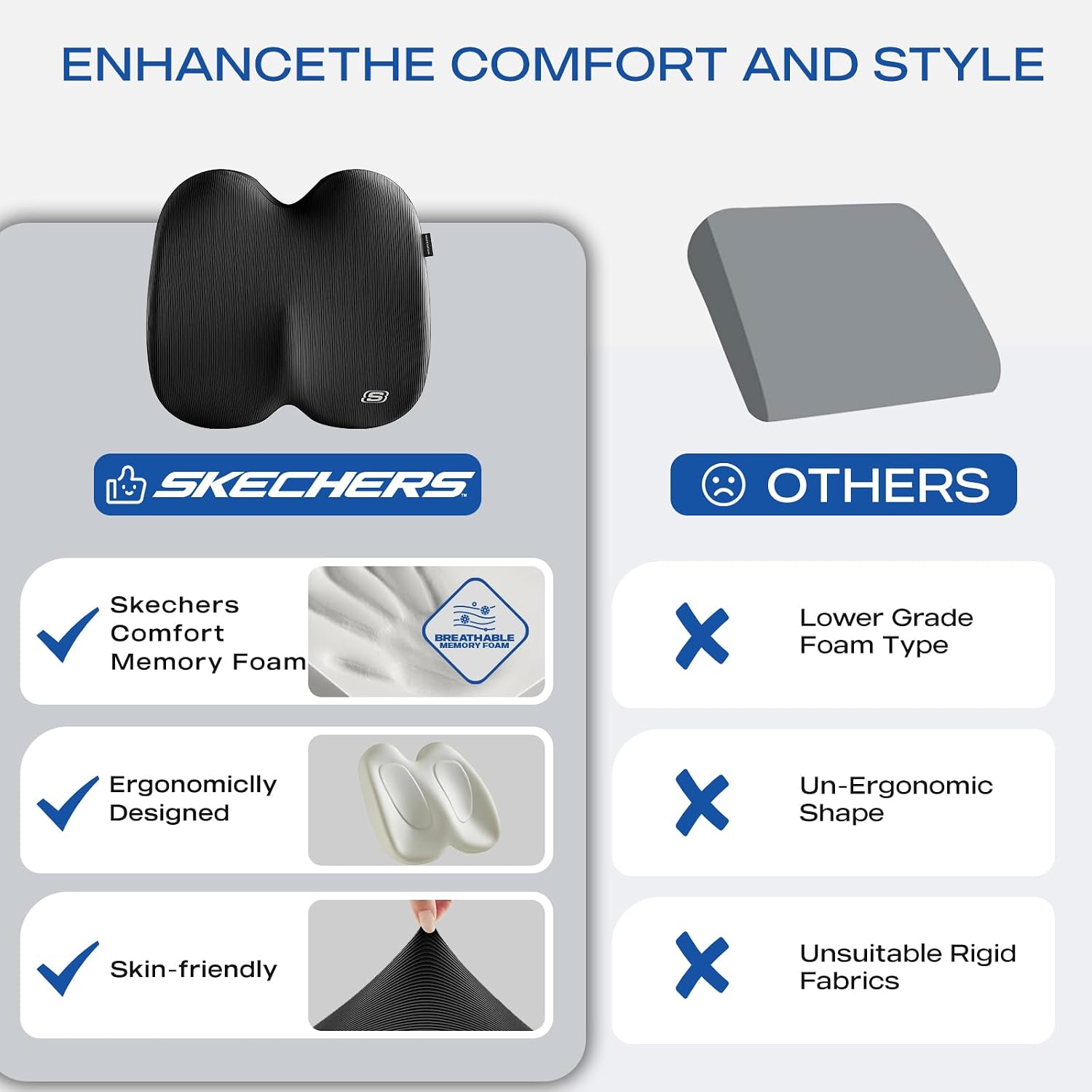 Skechers Seat Cushion, Ergonomic Memory Foam Cushion for Long Sitting Hours on Office & Home Chair, Car Seat Cushion for Sciatica, Coccyx Cushion,Black - Image 6