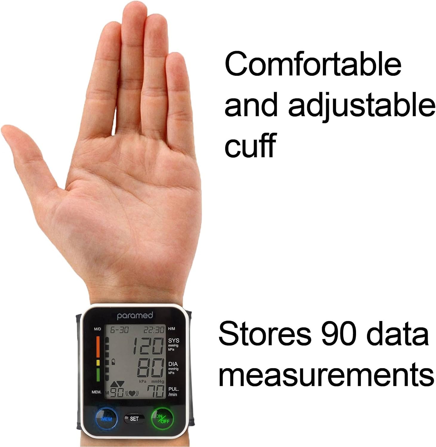 PARAMED Automatic Wrist Blood Pressure Monitor: Blood-Pressure Kit of Bp Cuff + 2AAA and Carrying case - Irregular Heartbeat Detector & 90 Readings Memory Function & Large Display - Image 2