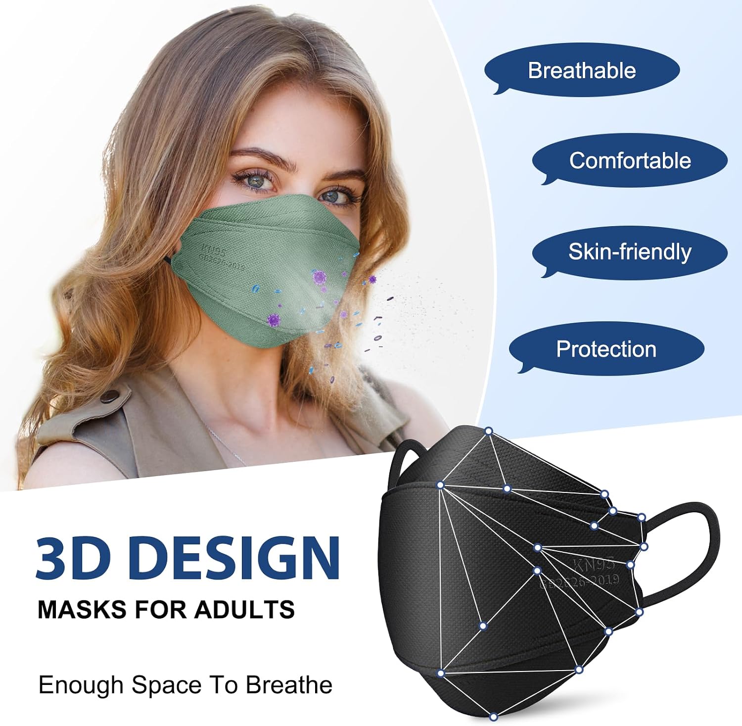 FENFEN KN95 Face Masks Disposable Adults - 50 Pack 5 Layer Protection Dust Breathable Comfortable Respirator Women KN95 Mask Individually Wrapped - Image 3