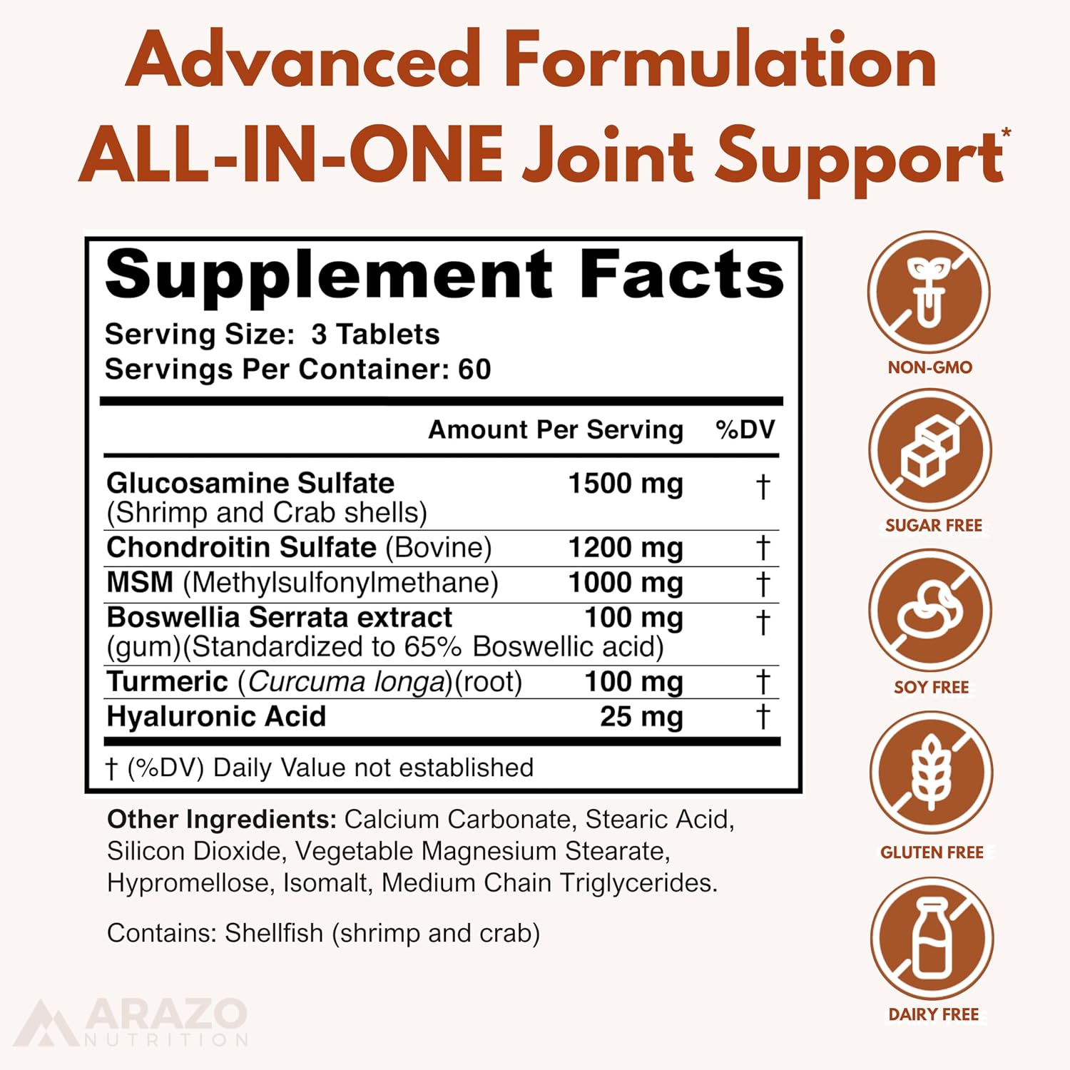Arazo Nutrition Glucosamine Chondroitin Turmeric Msm Boswellia - Joint Support Supplement for Relief for Bones, Back, Knees, Hands (180 Tablets) - Image 2
