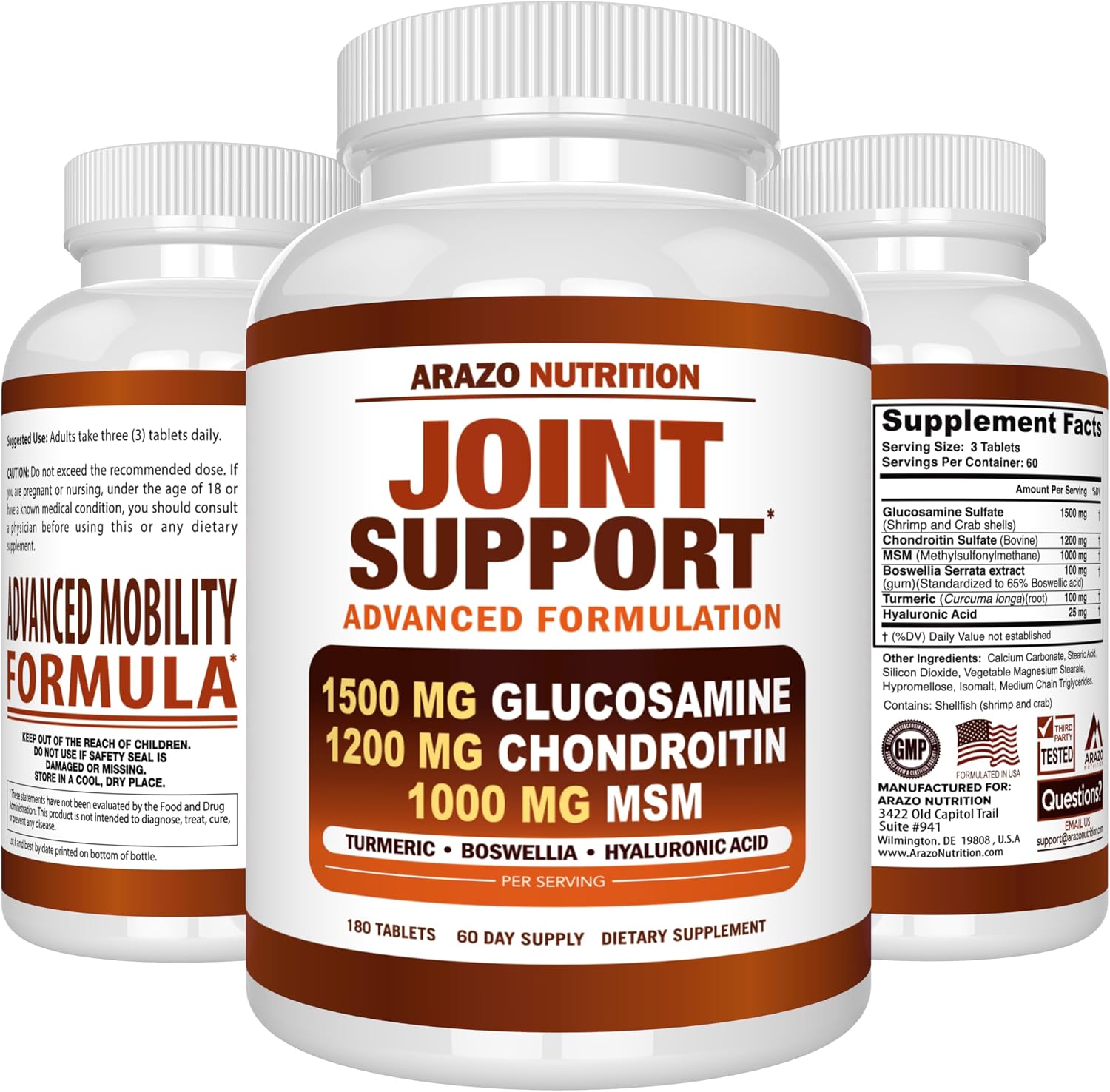 Arazo Nutrition Glucosamine Chondroitin Turmeric Msm Boswellia - Joint Support Supplement for Relief for Bones, Back, Knees, Hands (180 Tablets) - Image 9