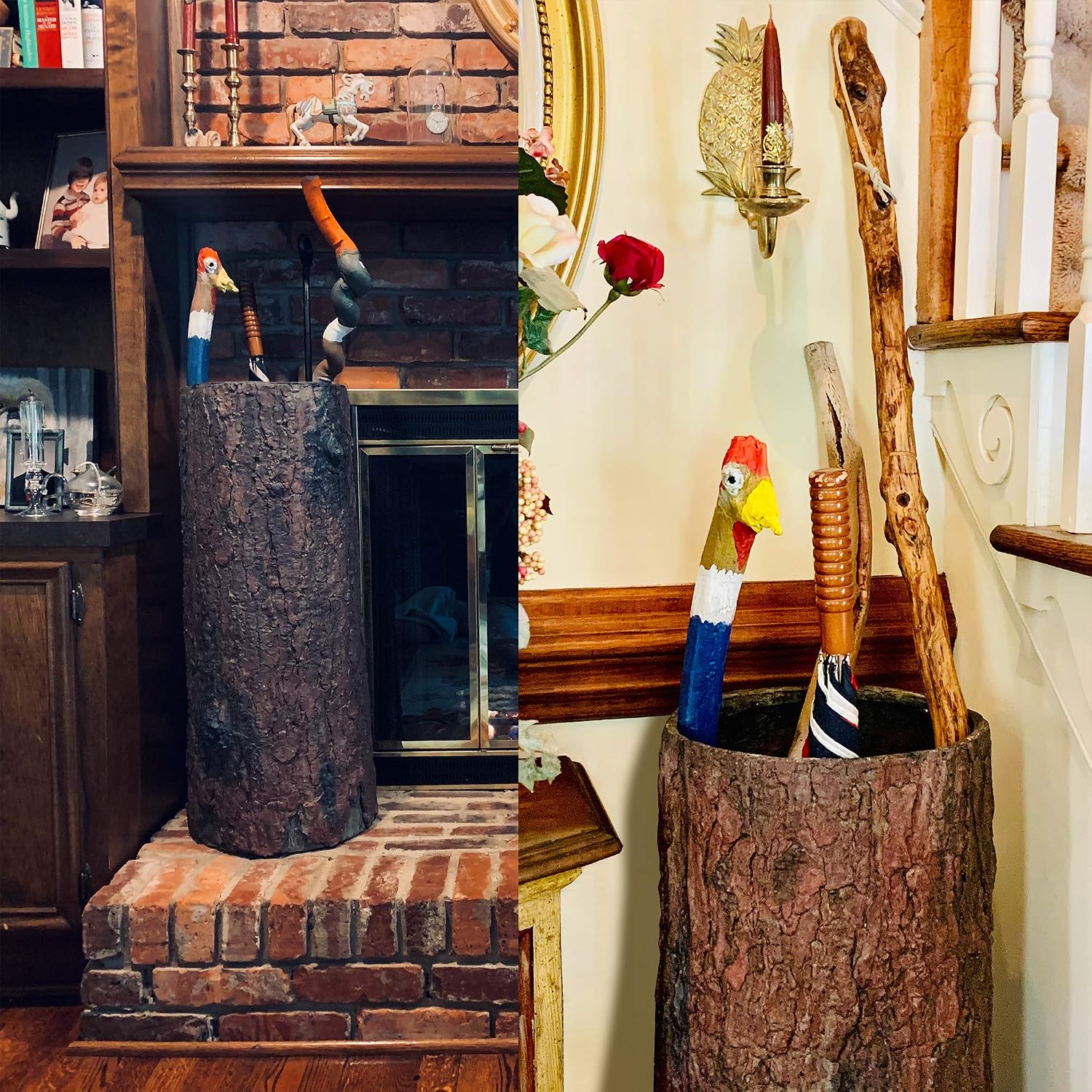 Country Stump π³ Vintage Farmhouse Umbrella Stand. Unique Indoor / Outdoor Walking Stick & Umbrella Holder. Rustic Home Entryway Log Bin. - Image 6
