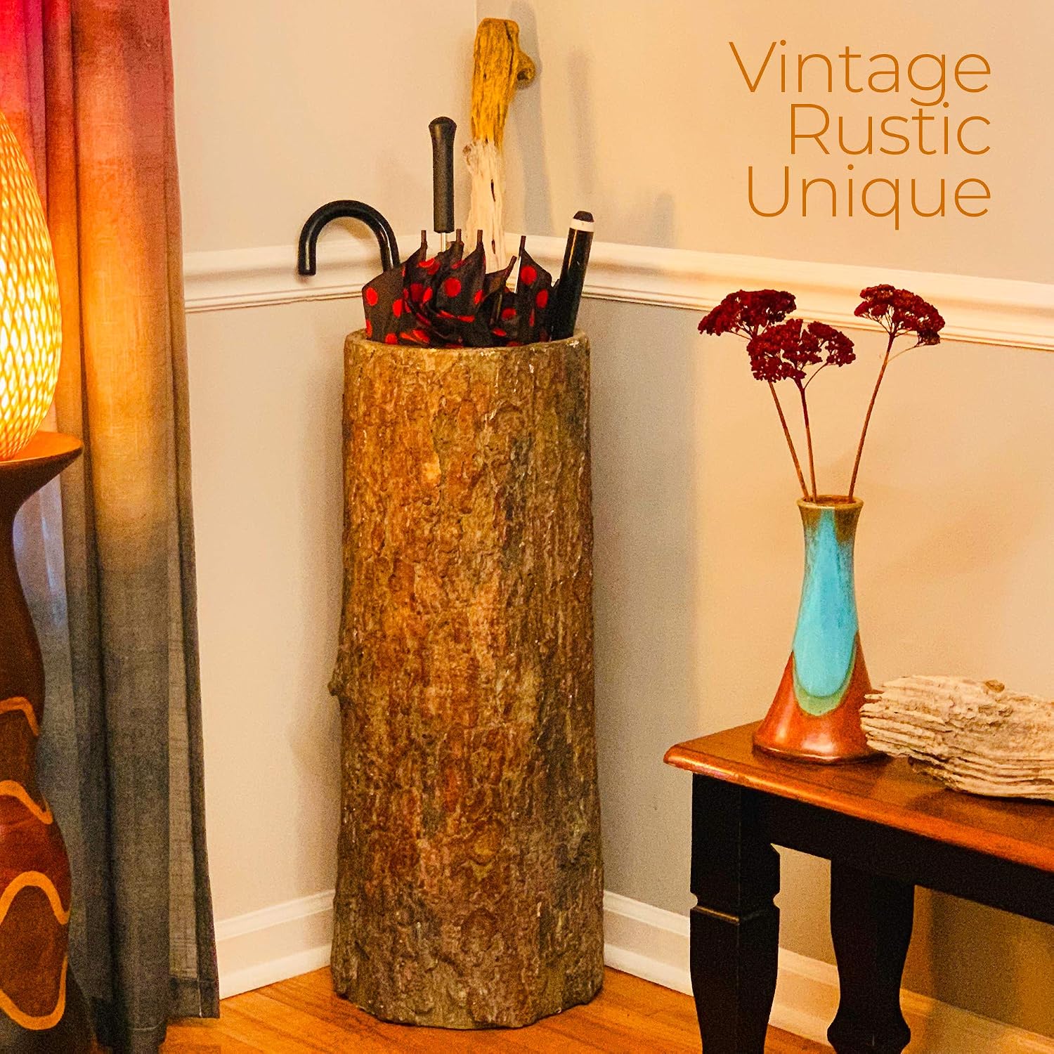 Country Stump π³ Vintage Farmhouse Umbrella Stand. Unique Indoor / Outdoor Walking Stick & Umbrella Holder. Rustic Home Entryway Log Bin. - Image 7