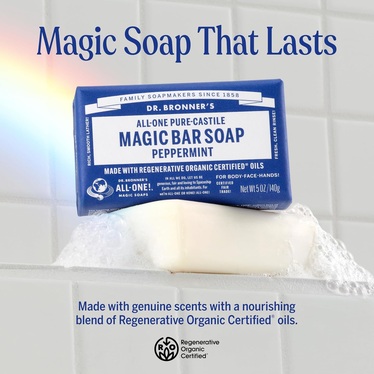 Dr. Bronner's Castile Bar Soap for Men & Women, Peppermint, 5 oz, 2-Pack - Image 2