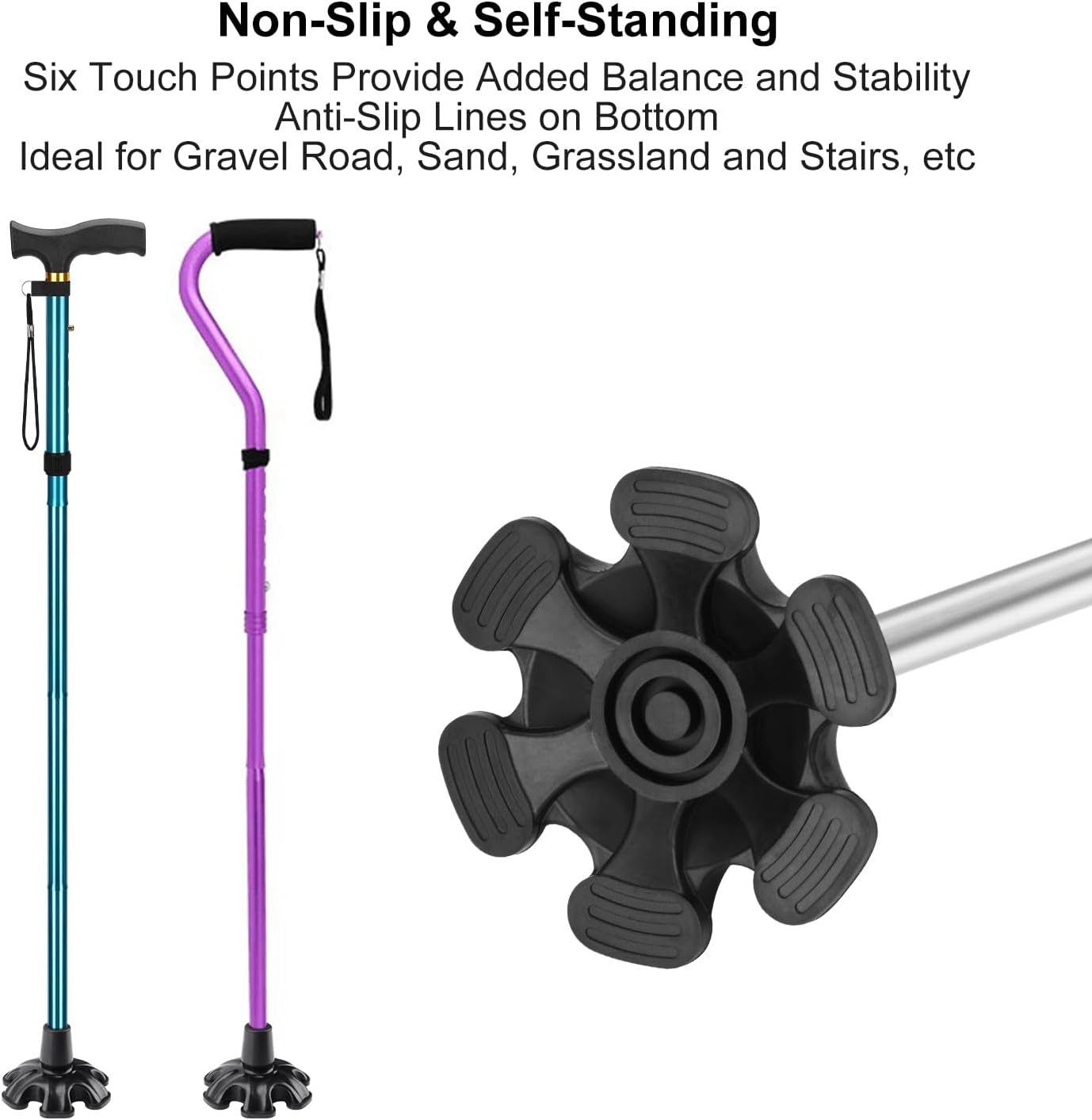 supregear Cane Tip - Self Standing Heavy Duty Rubber Replacement for Walking Cane - Stable Six Point Non-Slip Feets Base - 6 Leg Black Attachment Foot Pad for Folding and Walking Stick - Image 2
