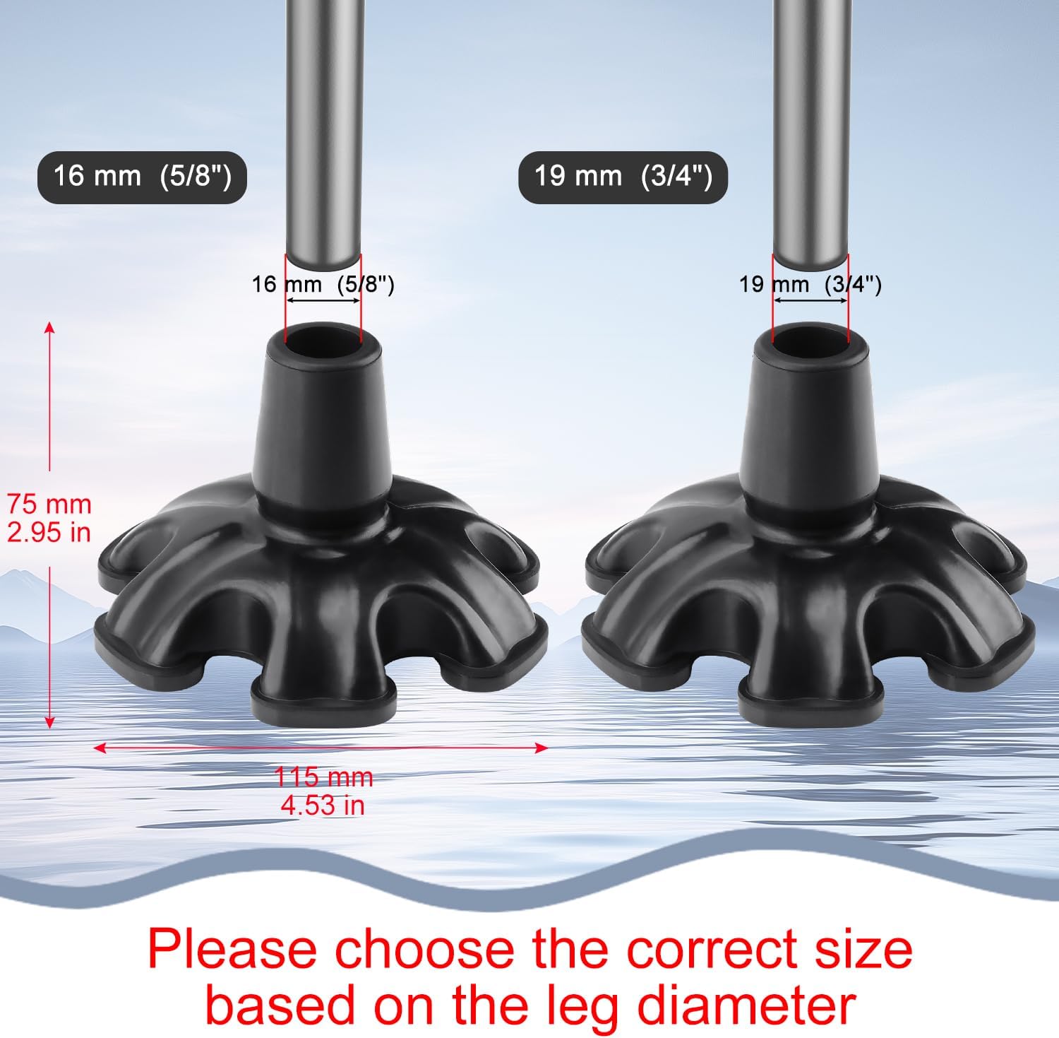 supregear Cane Tip - Self Standing Heavy Duty Rubber Replacement for Walking Cane - Stable Six Point Non-Slip Feets Base - 6 Leg Black Attachment Foot Pad for Folding and Walking Stick - Image 3