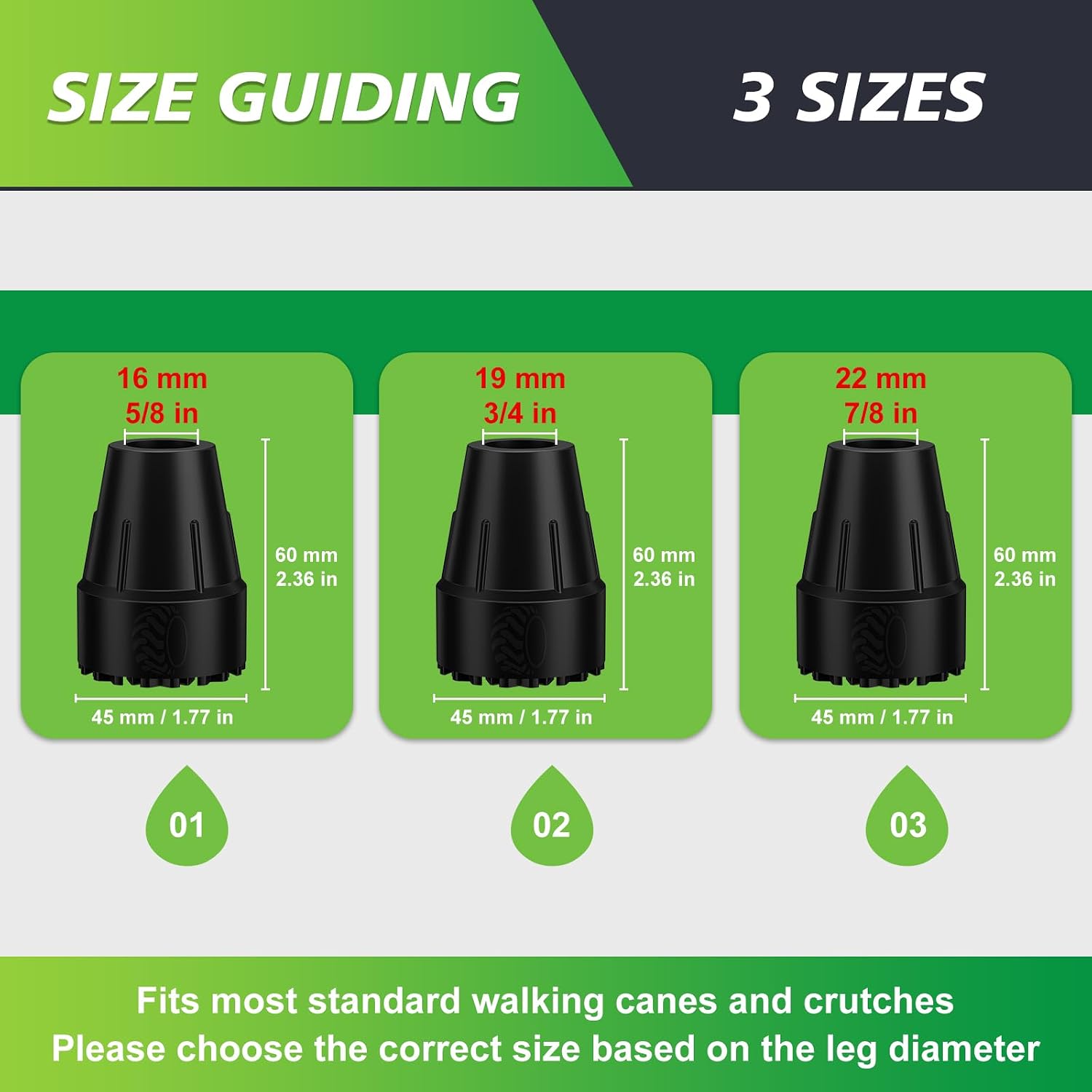 supregear Cane Tips 3/4 Inch, 2 Pack Durable Rubber Tips with Metal Inserts, Heavy Duty Non-Slip Extreme Grip Replacement Feet for Walking Sticks and Crutches, Fits 19mm Tube - Image 3