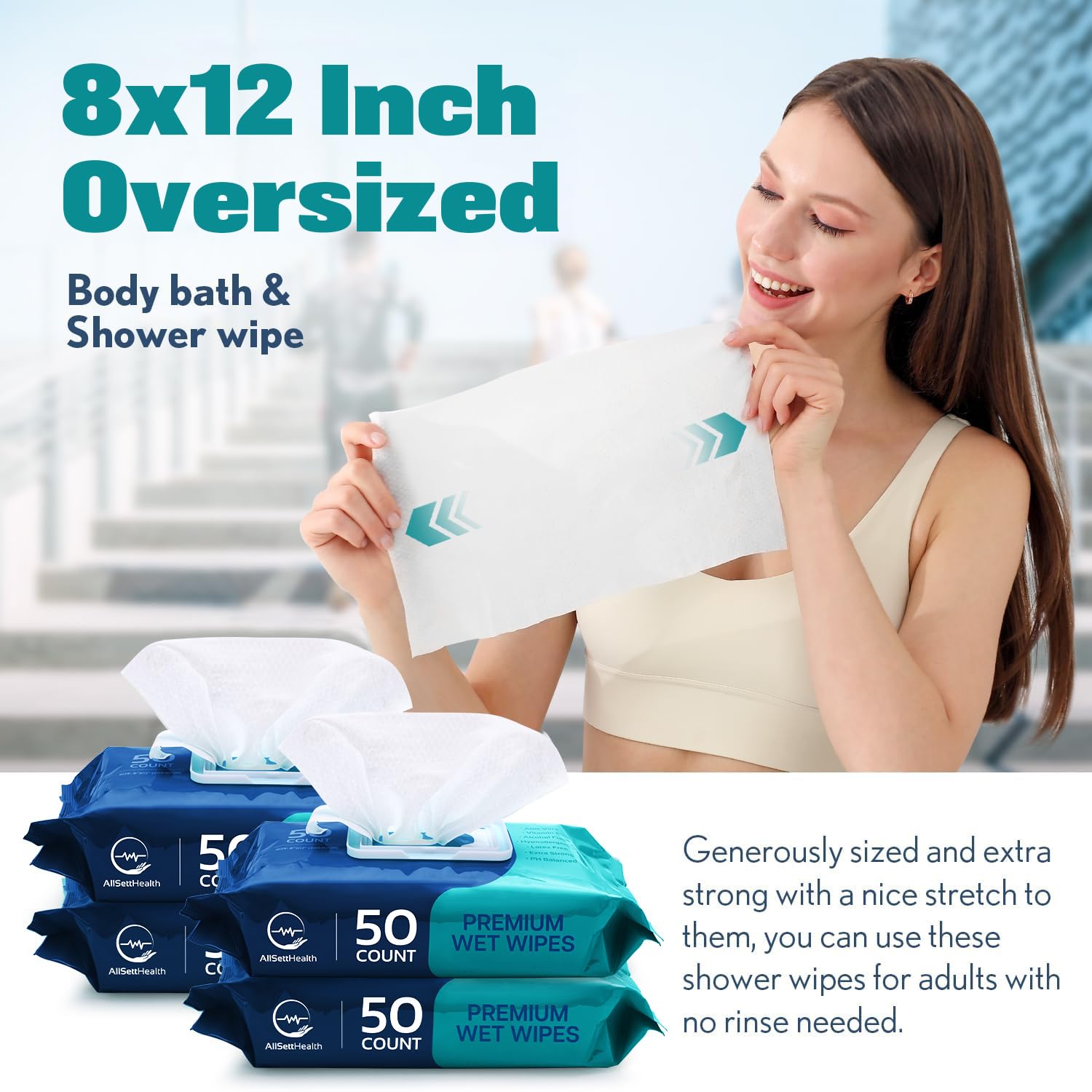 Body Wipes for Adults - XL Wet Wipes 8"x 12"(50 count) | Rinse Free Bathing Wipes - Wash Cloths for incontinence, Disposable Washcloths with Aloe Vera and Vitamin E - Camping, Elderly, Bathing - Image 3