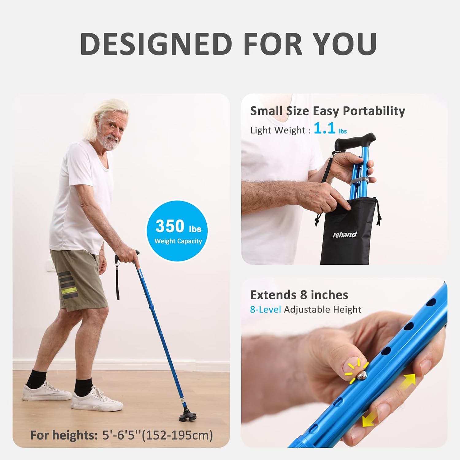 REHAND Walking Cane for Men & Women - Foldable, Adjustable, Lightweight, Self Standing Pivot Walking Cane, Soft Handle Grip, with Travel Bag, Walking Sticks for Seniors & Adults - Image 5