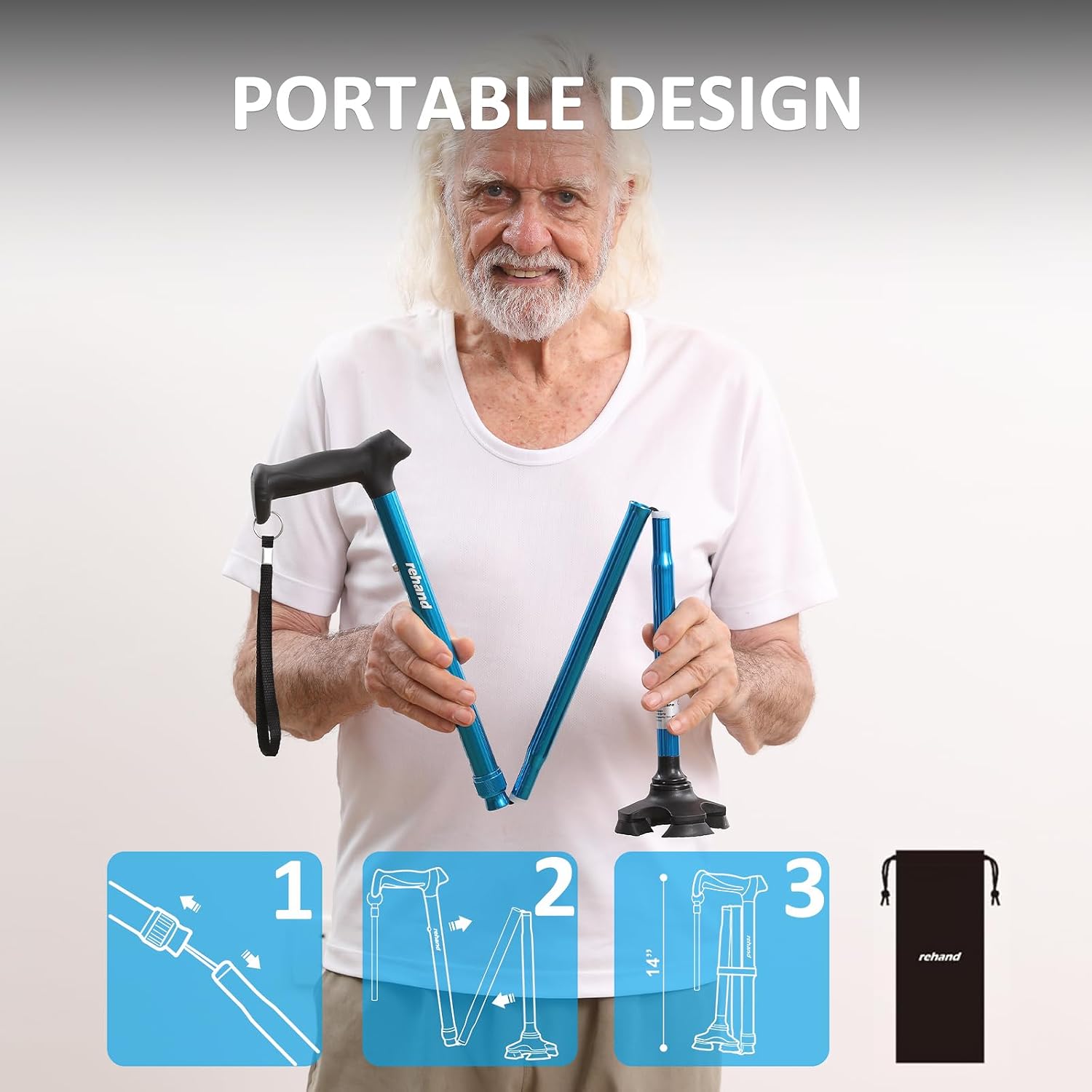 REHAND Walking Cane for Men & Women - Foldable, Adjustable, Lightweight, Self Standing Pivot Walking Cane, Soft Handle Grip, with Travel Bag, Walking Sticks for Seniors & Adults - Image 6