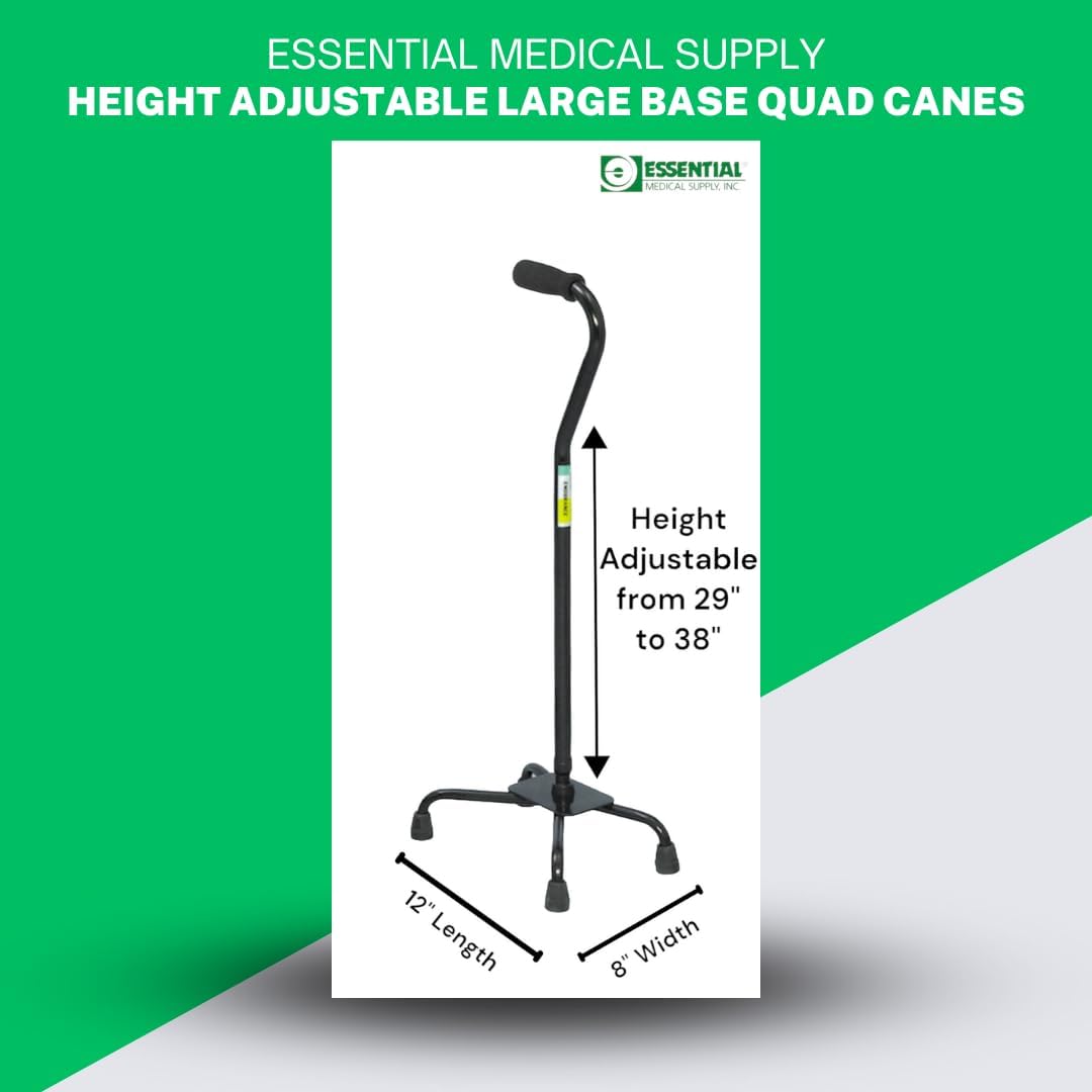 Essential Medical Supply Large Base Quad Cane in Black - Height Adjustable Walking Cane, Sturdy and Durable Walking Cane for Improved Mobility and Stability with 4 Prong Base and Rubber Tips - Image 6