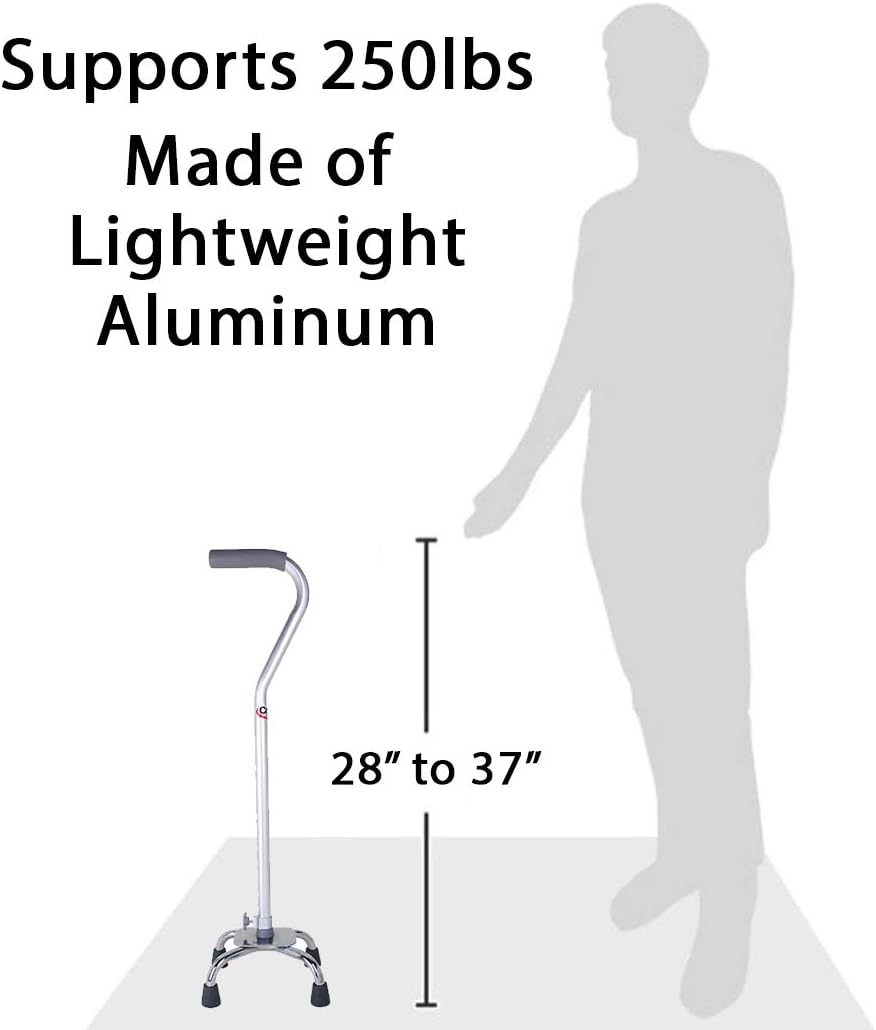 Carex Quad Cane with Small Base - Quad Walking Cane with Offset Cane Handle and Adjustable Height - 4 Tip Cane for Stability, Grey/Silver - Image 4