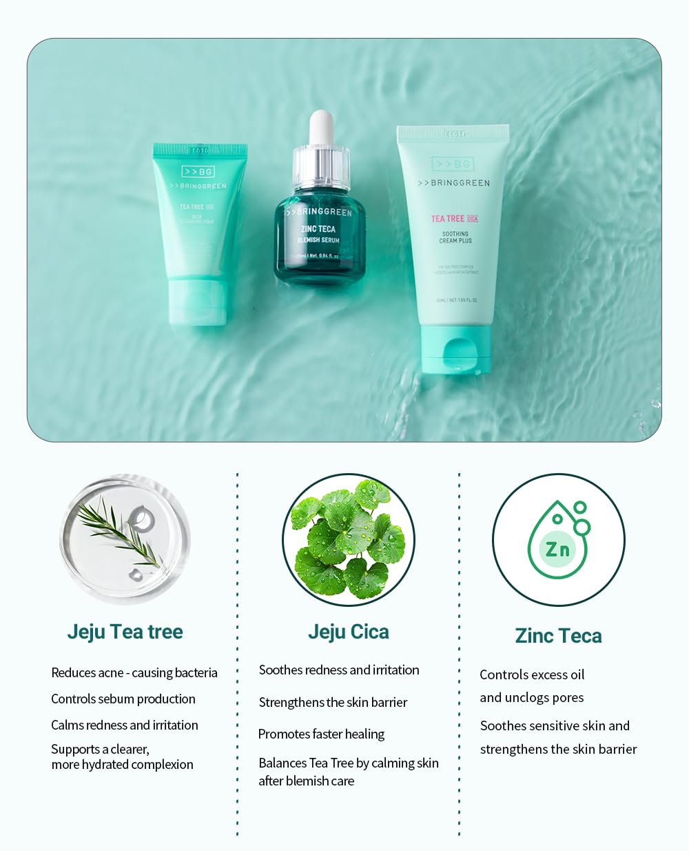 BRING GREEN TEA TREE CICA SET | Korean Skin Care Kit for Acne-Prone, Sensitive Skin | Zinc Teca Serum, Tea Tree Hydrating Moisturizer & Deep Cleansing Foam | Oil Control & Pore Care | K-Beauty Gift - Image 8