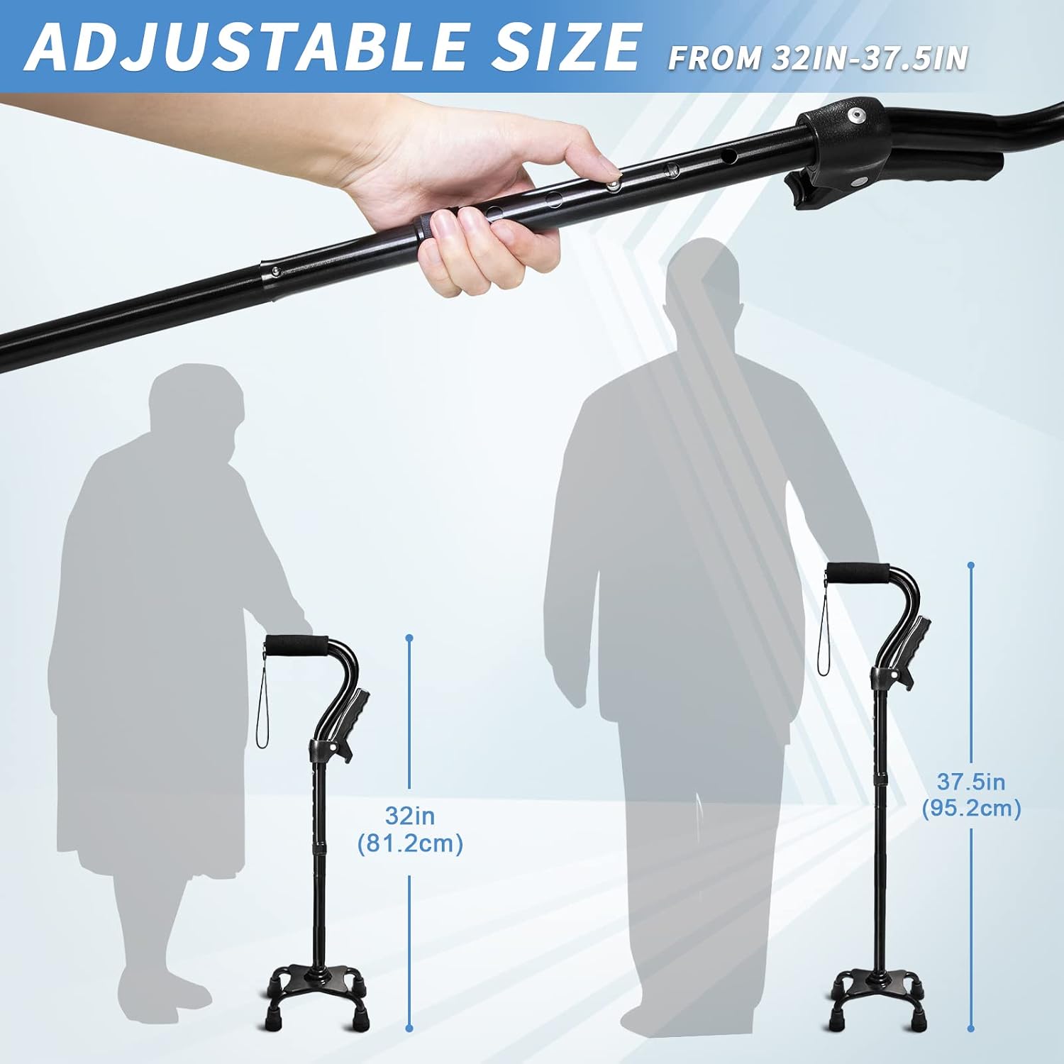 Adjustable Walking Cane for Men & Women with 4-Pronged Base for Extra Stability - Foldable Cane for Seniors with Foam Padded Offset Handle for Soft Grip & a Second Handle for Standing - Image 2