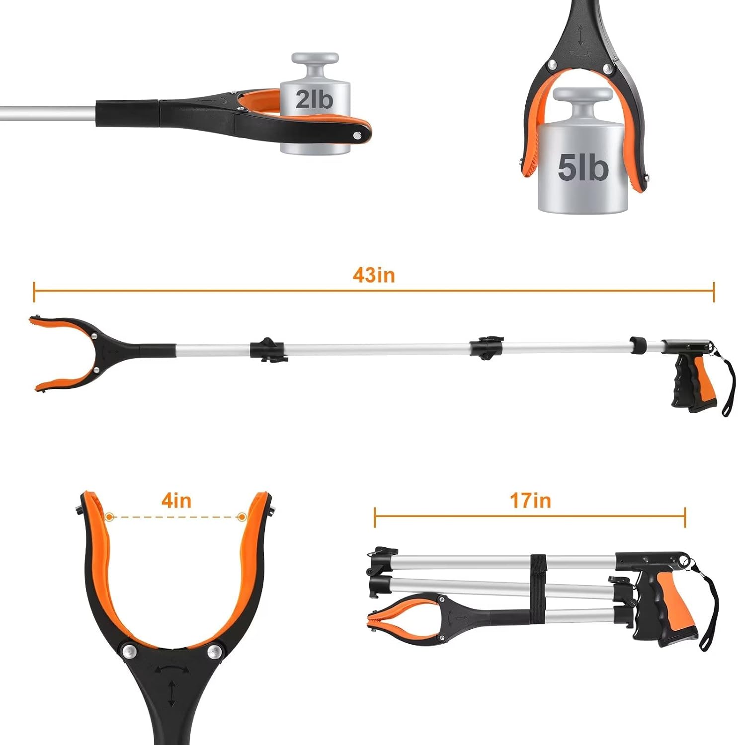 43" Extra Long Grabber Tool, Foldable Grabbers for Elderly Grab It Reaching Tool with Rotating Jaw +Magnets, 4" Wide Claw Opening Reacher Grabber Pickup Tool, Grabber Reacher Tool Heavy Duty - Image 2