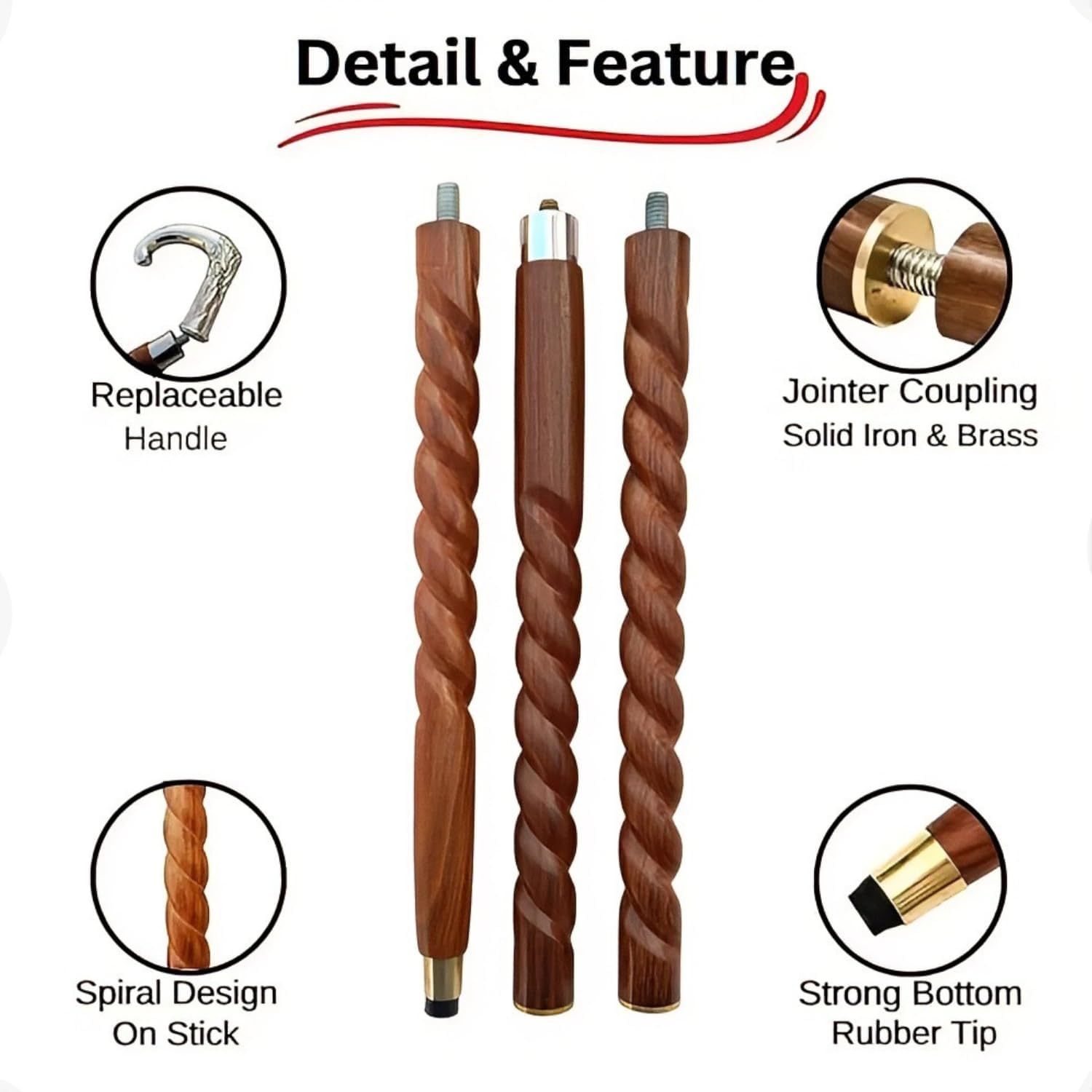 Antique Spiral Brown Wooden Walking Stick with Silver Brass Designer Parrot Handle Walking Wooden Cane for Gift Men & Women - Image 5