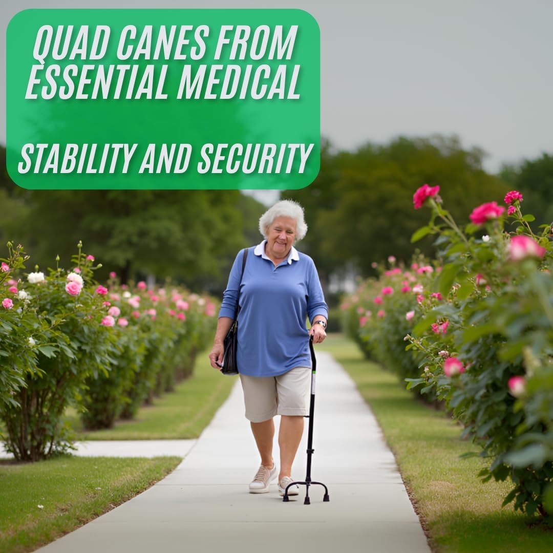 Essential Medical Supply Large Base Quad Cane in Black - Height Adjustable Walking Cane, Sturdy and Durable Walking Cane for Improved Mobility and Stability with 4 Prong Base and Rubber Tips - Image 7