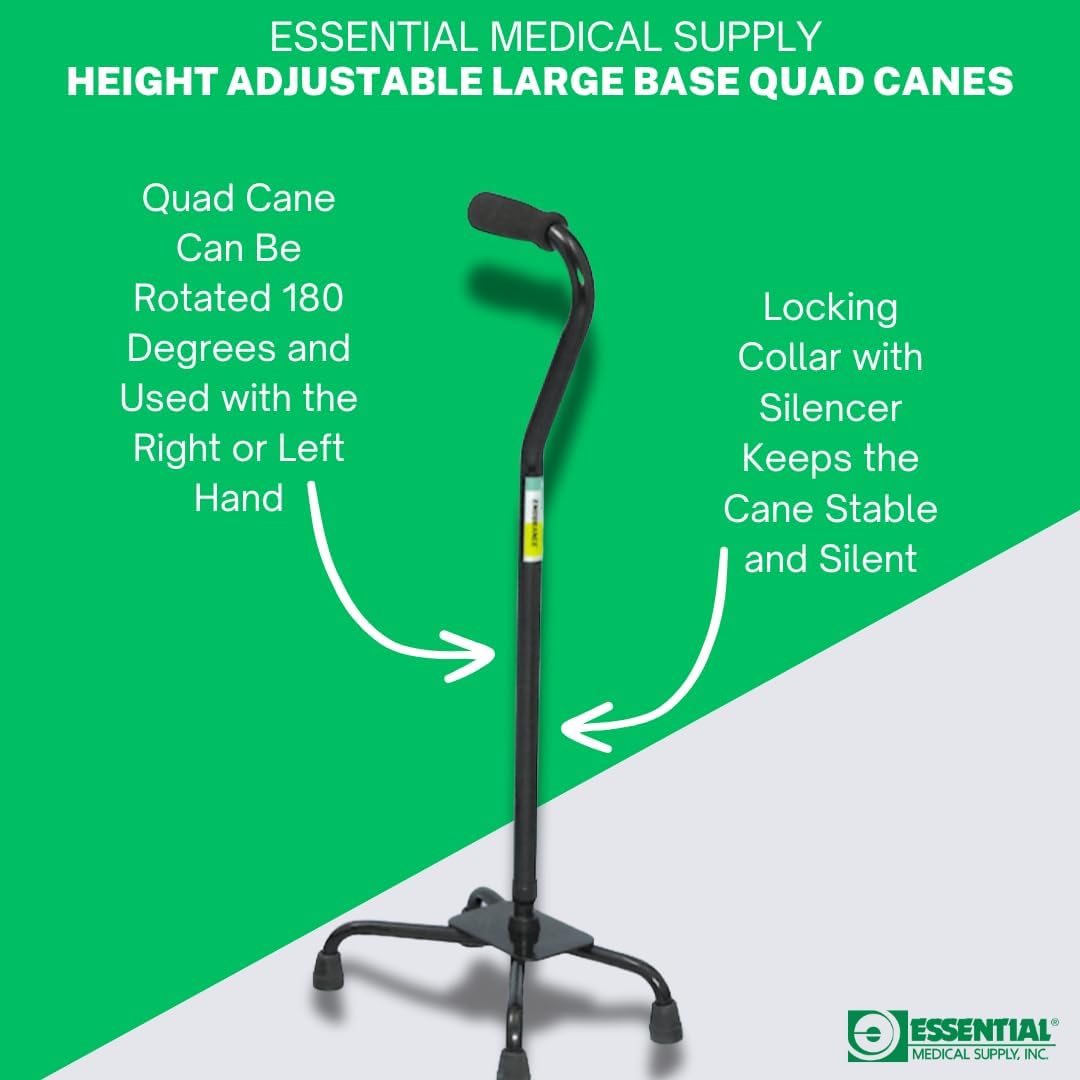 Essential Medical Supply Large Base Quad Cane in Black - Height Adjustable Walking Cane, Sturdy and Durable Walking Cane for Improved Mobility and Stability with 4 Prong Base and Rubber Tips - Image 5