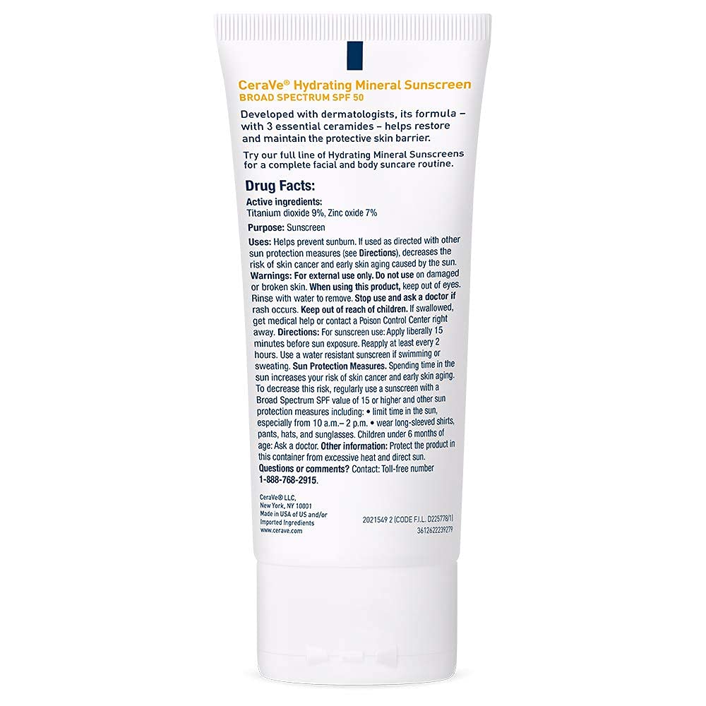 CeraVe Hydrating Mineral Sunscreen SPF 50 Face Sunscreen, Travel Size 2.5oz - Image 11
