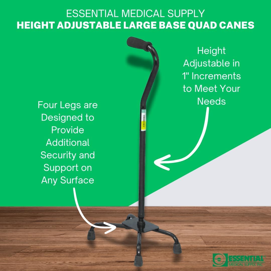 Essential Medical Supply Large Base Quad Cane in Black - Height Adjustable Walking Cane, Sturdy and Durable Walking Cane for Improved Mobility and Stability with 4 Prong Base and Rubber Tips - Image 2