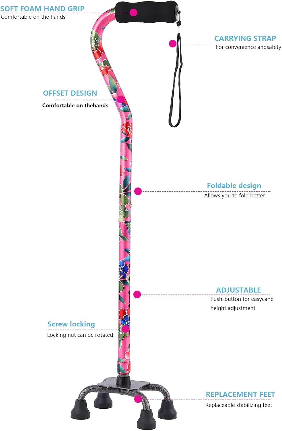 Floral Quad Cane for Women, Adjustable Walking Canes with 3-in-1 Interchangeable Base(3 Tips) for Versatile Support, Stylish & Stable Mobility Aid for Seniors Confidence - Image 3