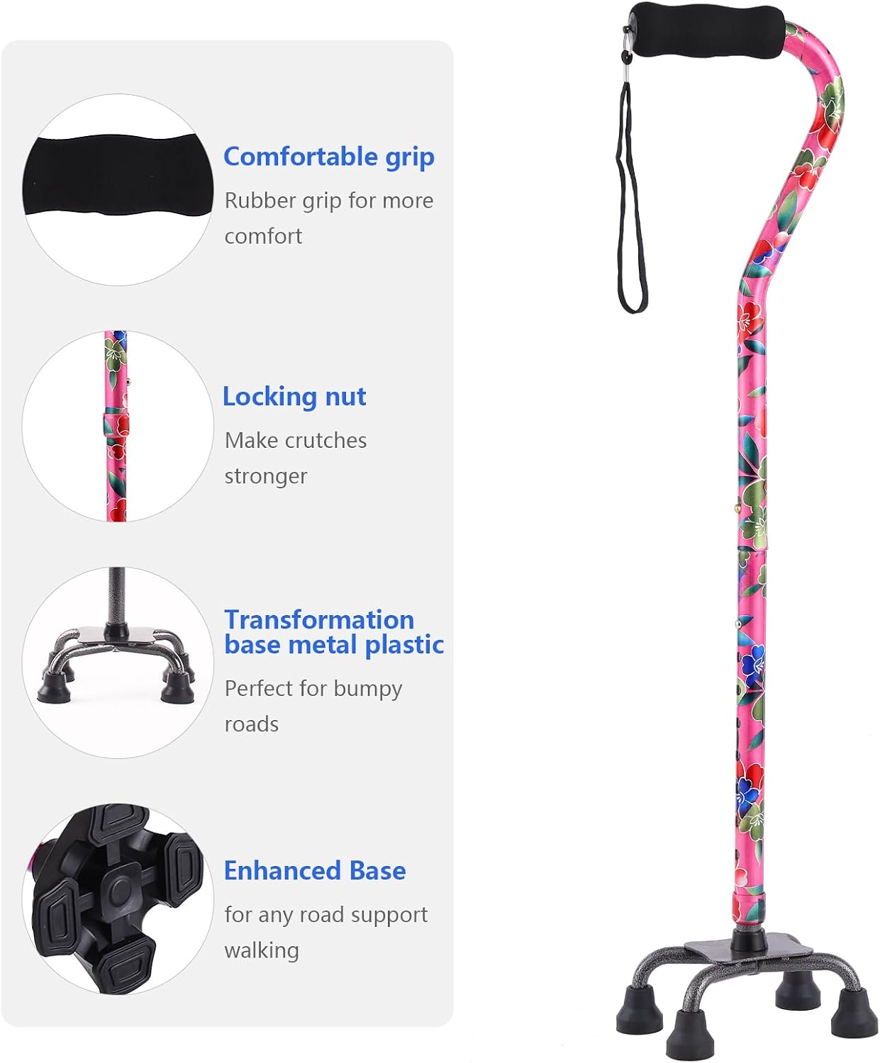 Floral Quad Cane for Women, Adjustable Walking Canes with 3-in-1 Interchangeable Base(3 Tips) for Versatile Support, Stylish & Stable Mobility Aid for Seniors Confidence - Image 6