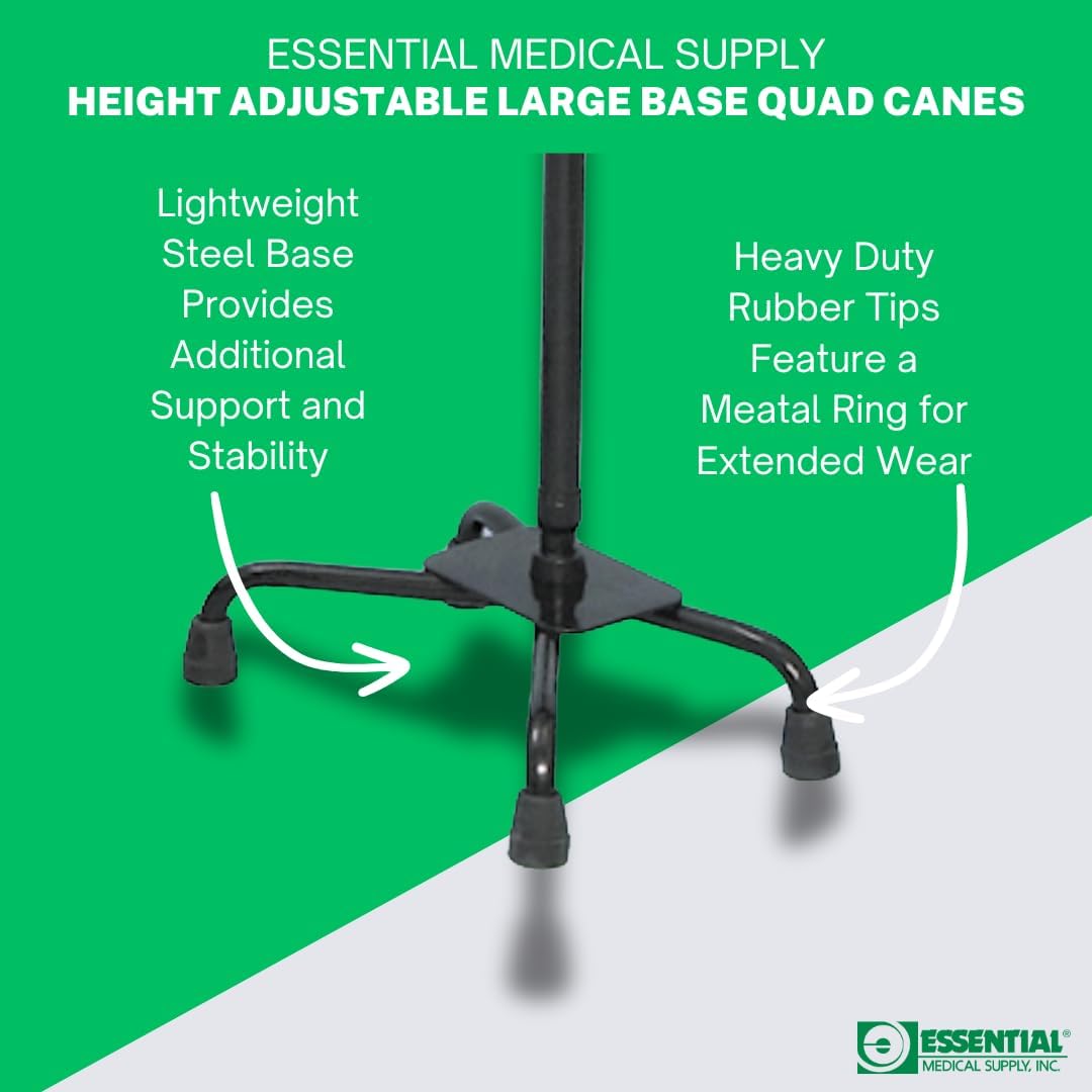 Essential Medical Supply Large Base Quad Cane in Black - Height Adjustable Walking Cane, Sturdy and Durable Walking Cane for Improved Mobility and Stability with 4 Prong Base and Rubber Tips - Image 3