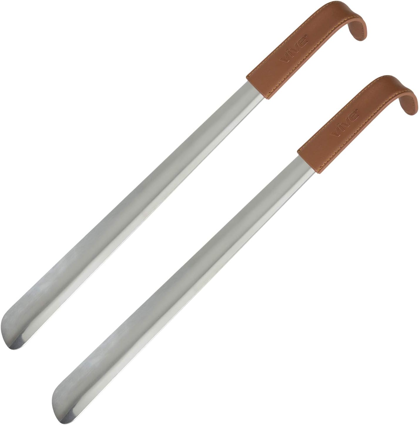 Vive Long Shoe Horn (2 Pack) - Metal Shoehorn for Men, Women, Kids, Travel, Boot - Large Extended Mobility Reach Stainless Steel Leather Handle - Dress Assist for Handicap, Elderly, Seniors (16.5 in)