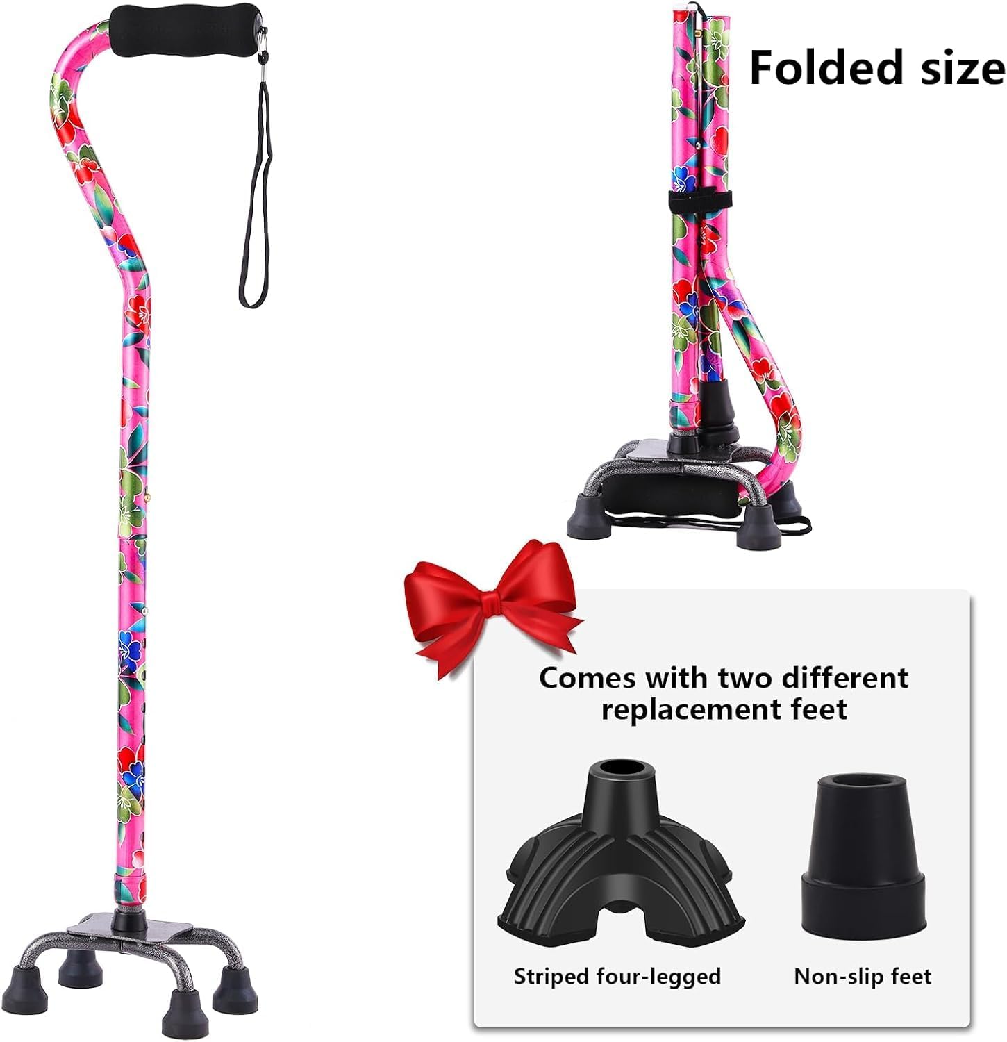 Floral Quad Cane for Women, Adjustable Walking Canes with 3-in-1 Interchangeable Base(3 Tips) for Versatile Support, Stylish & Stable Mobility Aid for Seniors Confidence - Image 5