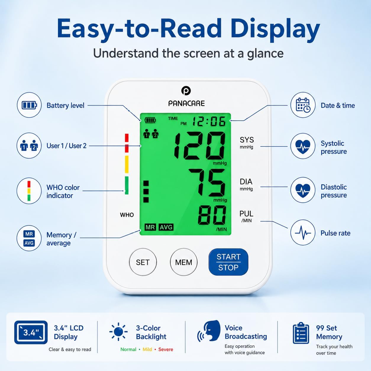 Upper Arm Blood Pressure Monitor for Home Use, Adjustable Cuff (8.7–16.5 inches), Large Backlit Display, White - Image 6