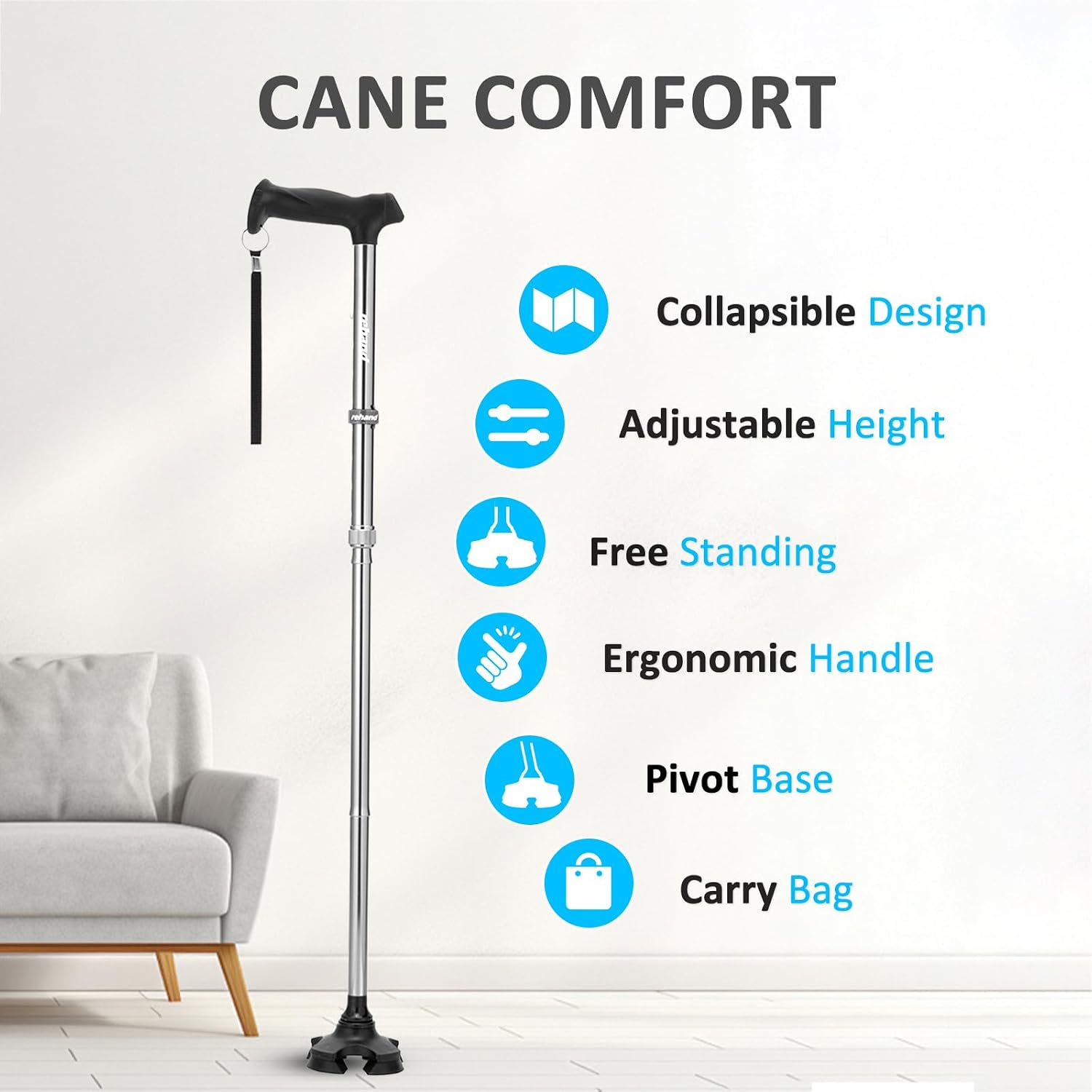 REHAND Walking Cane for Men & Women - Foldable, Adjustable, Lightweight, Self Standing Pivot Walking Cane, Soft Handle Grip, with Travel Bag, Walking Sticks for Seniors & Adults - Image 2