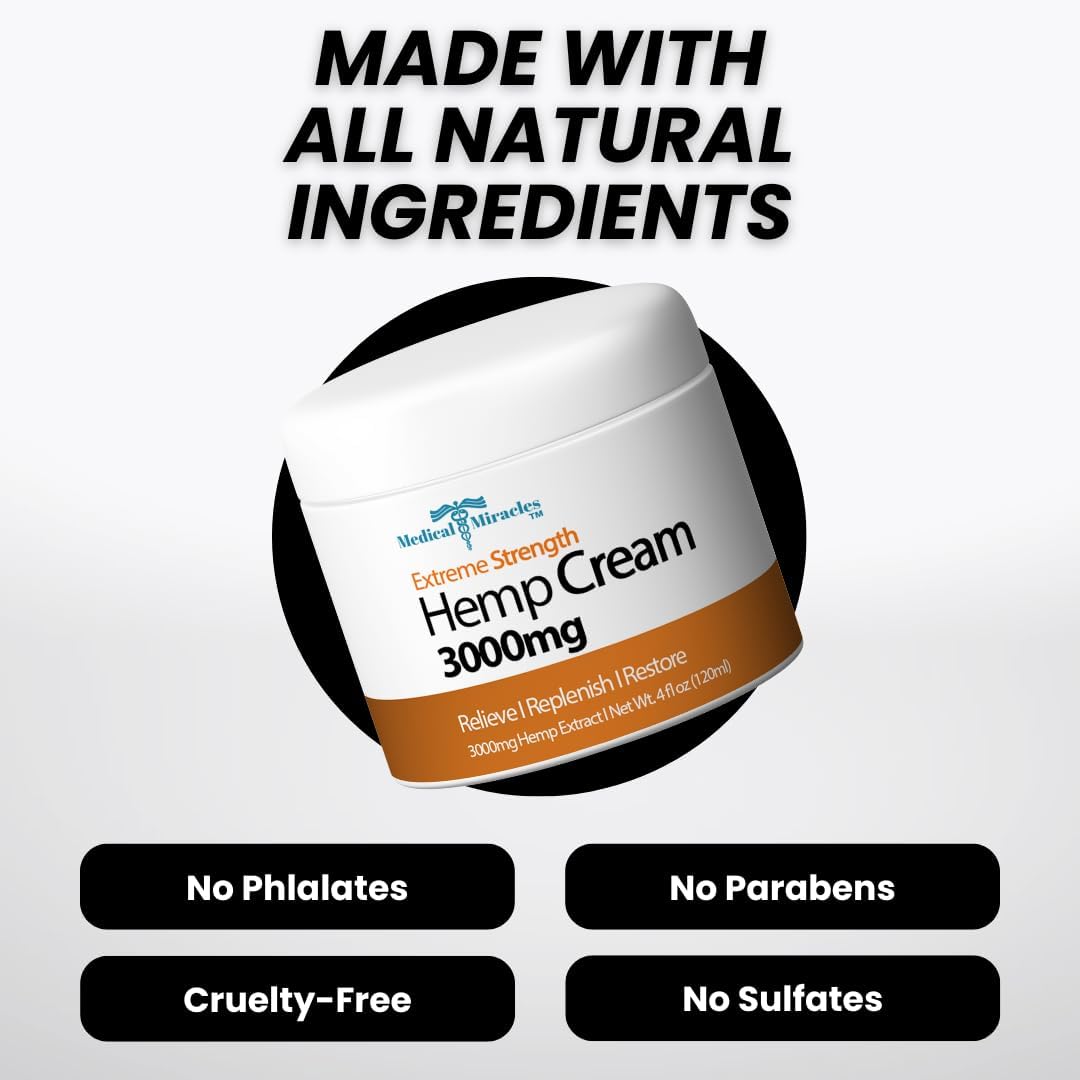 Medical Miracles Hemp Cream 3000mg, 4 oz – Topical Skin Cream with MSM, Arnica, Aloe Vera, Shea Butter, Jojoba Oil & Vitamin E – Made in USA - Image 3