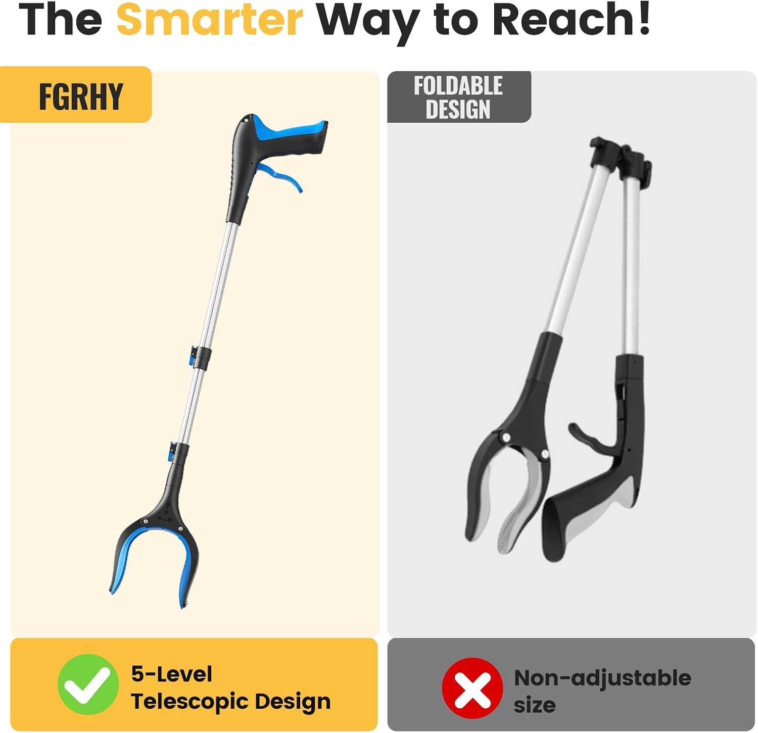 Telescopic Grabber Reacher Tool, 5-Level Adjustable Length (23'' to 41'') - Trash Claw Gripper, Pickup Stick for Litter Picking, Yard Work, and Seniors (Blue) - Image 4