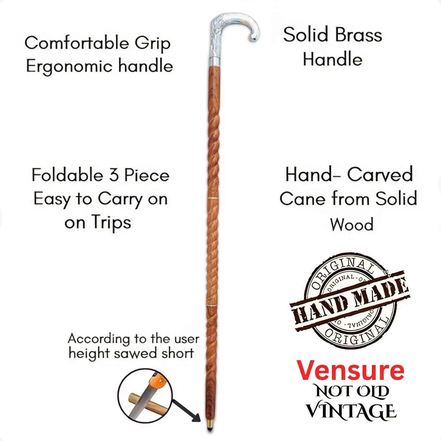 Antique Spiral Brown Wooden Walking Stick with Silver Brass Designer Parrot Handle Walking Wooden Cane for Gift Men & Women - Image 6