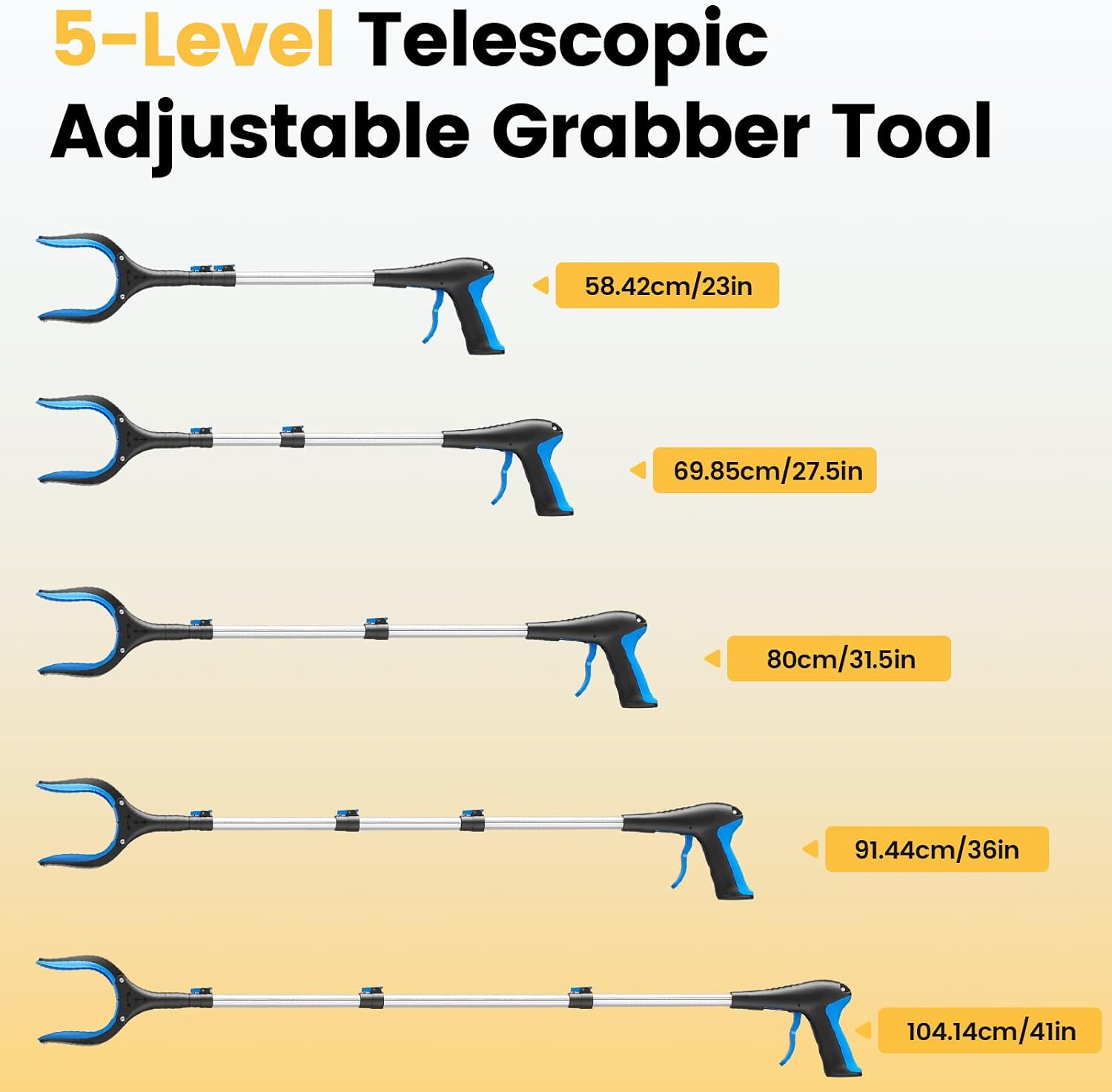 Telescopic Grabber Reacher Tool, 5-Level Adjustable Length (23'' to 41'') - Trash Claw Gripper, Pickup Stick for Litter Picking, Yard Work, and Seniors (Blue) - Image 2